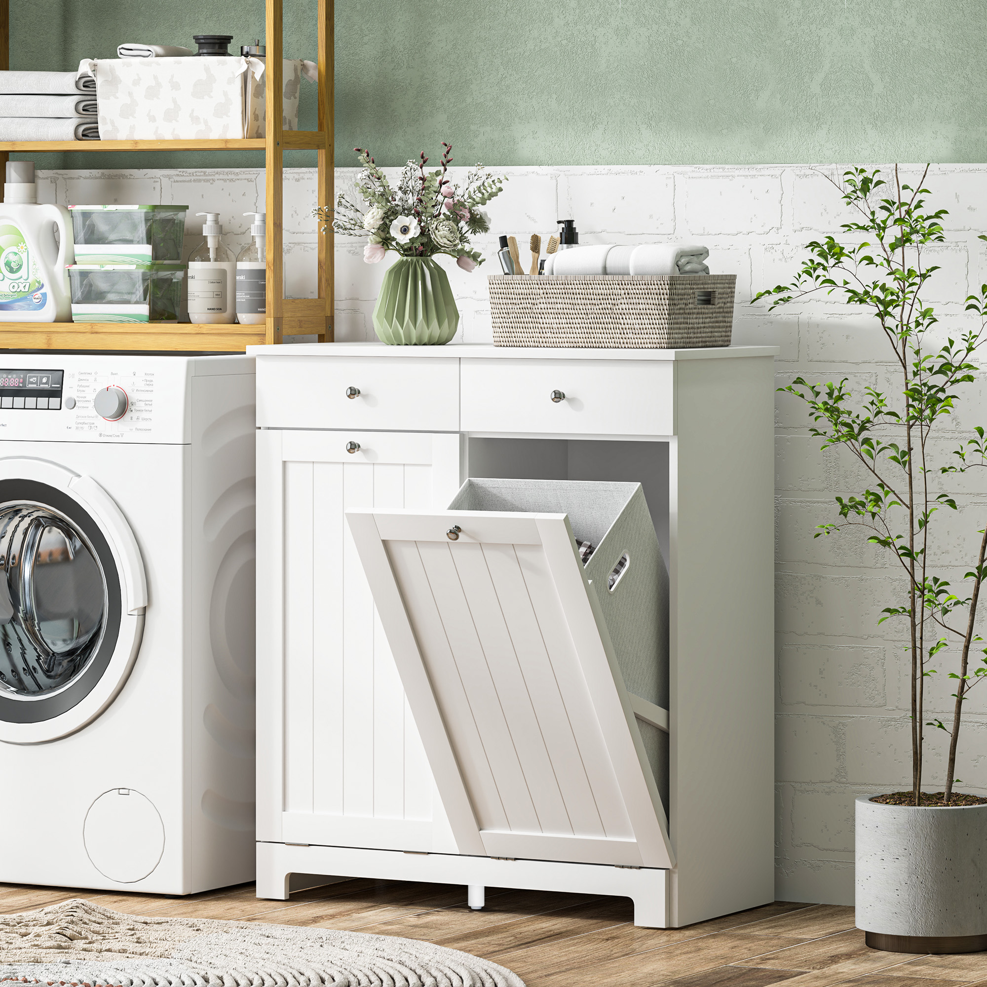 Panier à linge 2 paniers basculants 2 tiroirs, blanc