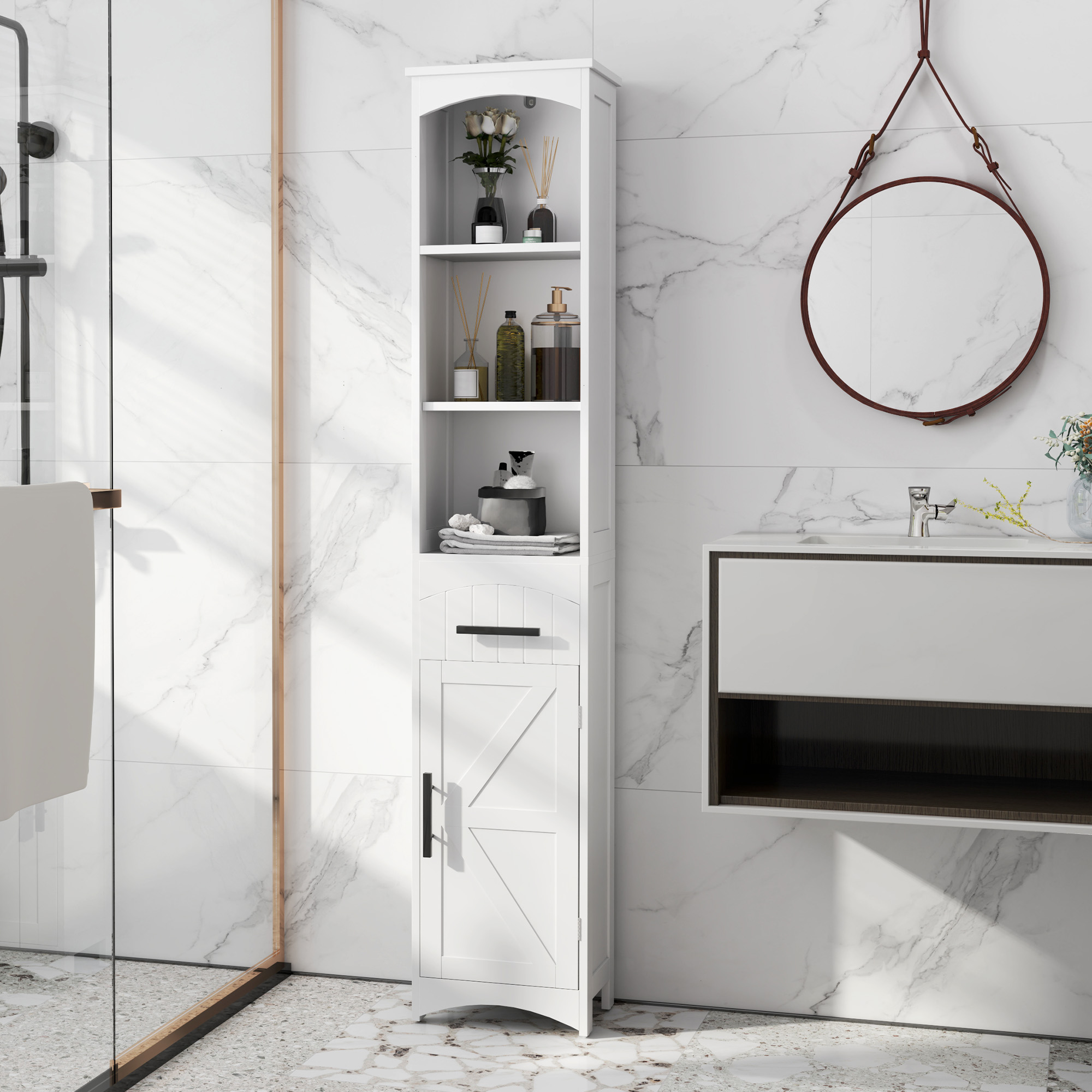 Meuble salle bain blanc portes grange mince ferme