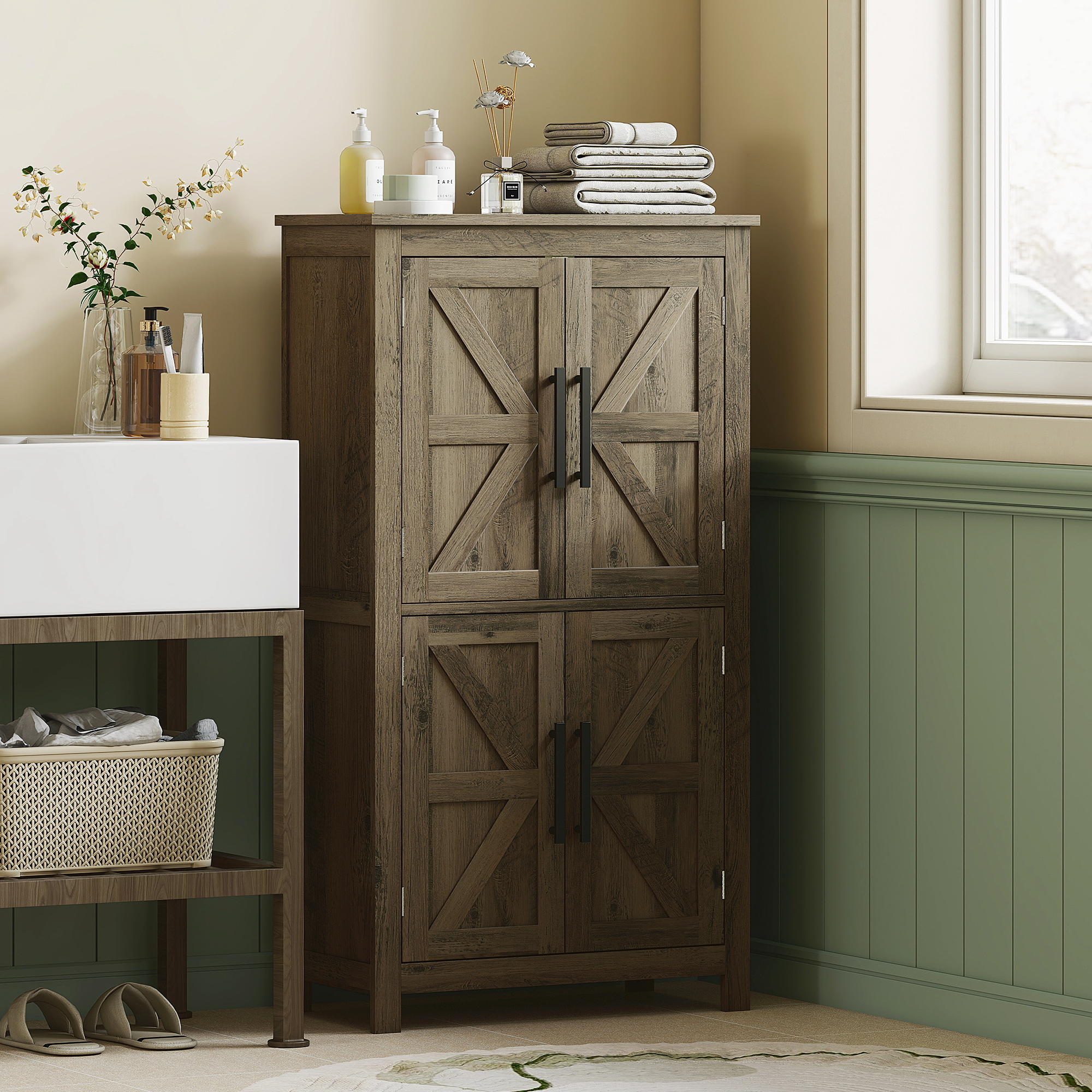 Armoire rangement salle bain 4 portes brun