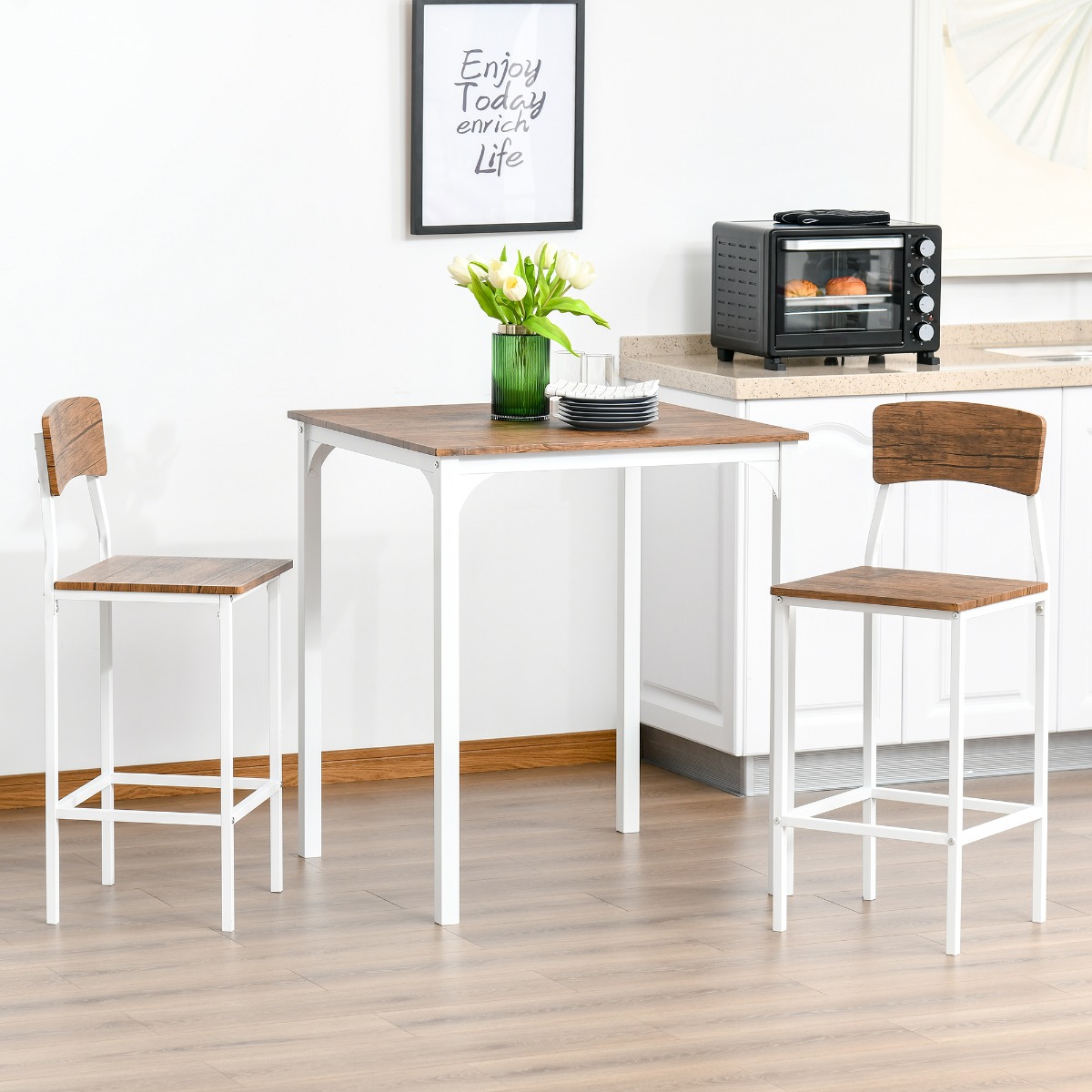 Ensemble table bar 3 pièces hauteur comptoir pieds acier blanc