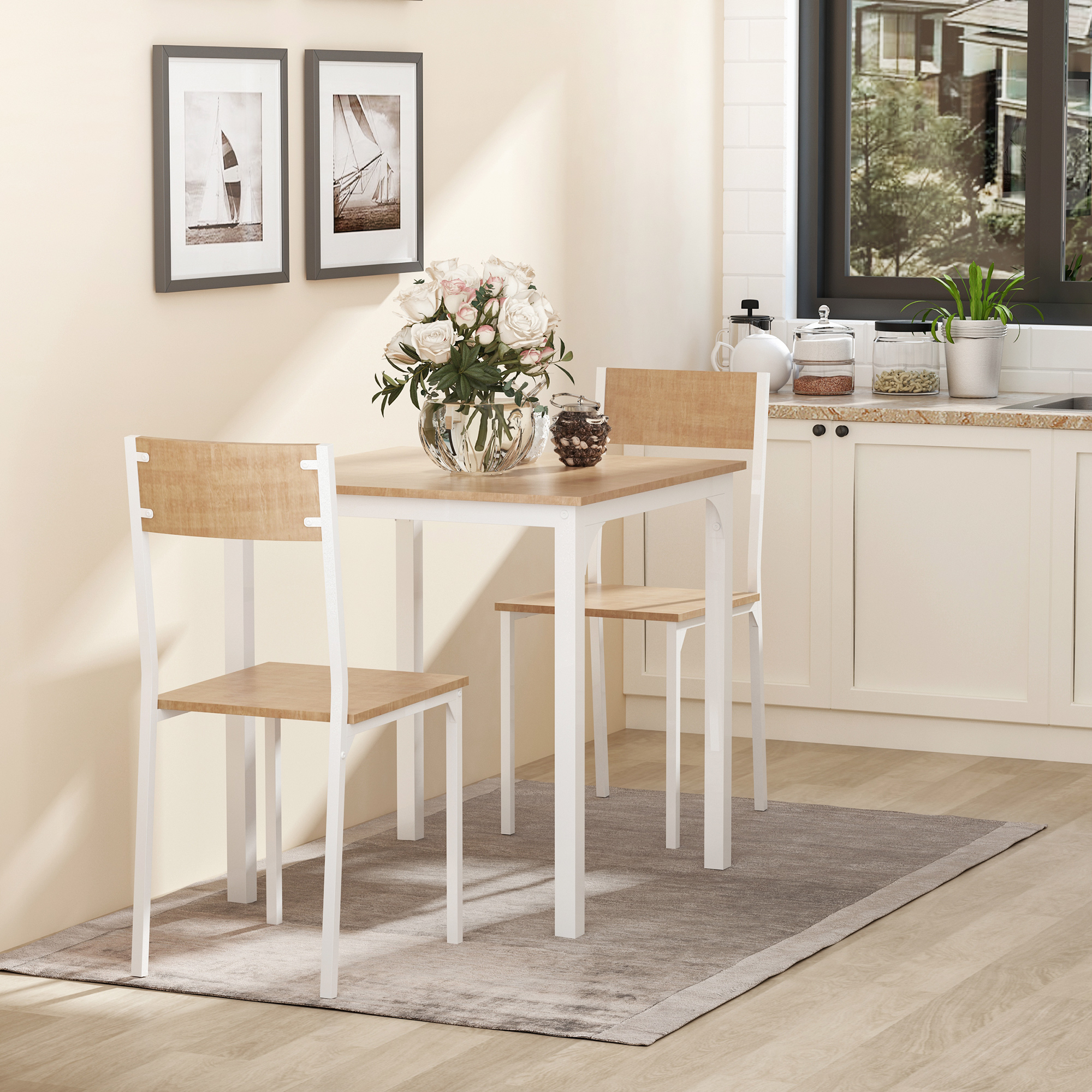 Ensemble table carré bois 3 pièces 2 chaises cadre métal blanc