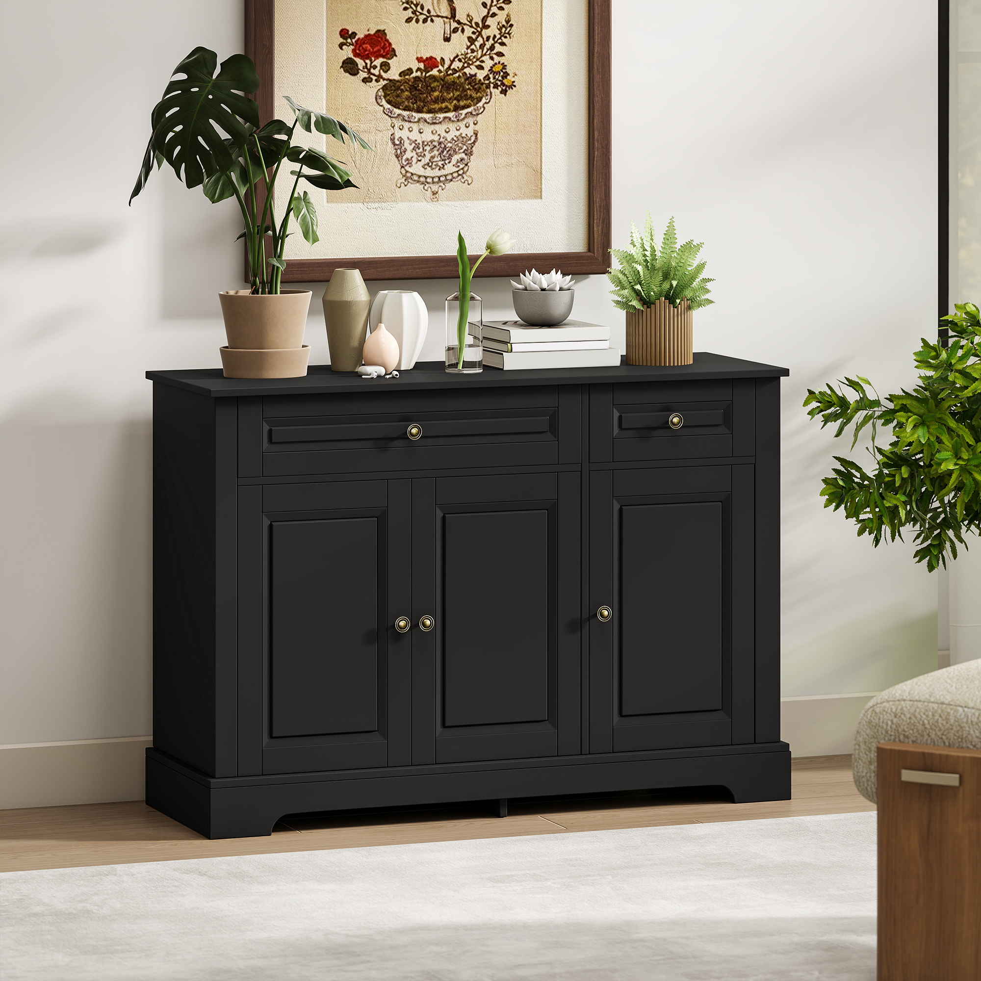 Buffet moderne 2 tiroirs, tablettes ajustables, noir