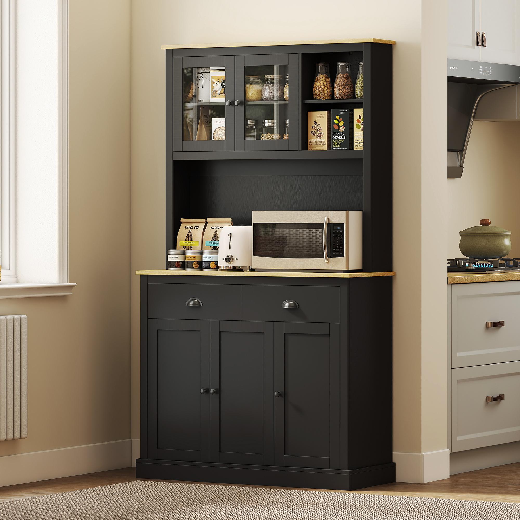Armoire pantry 71", comptoir large, tablettes ajustables, noir