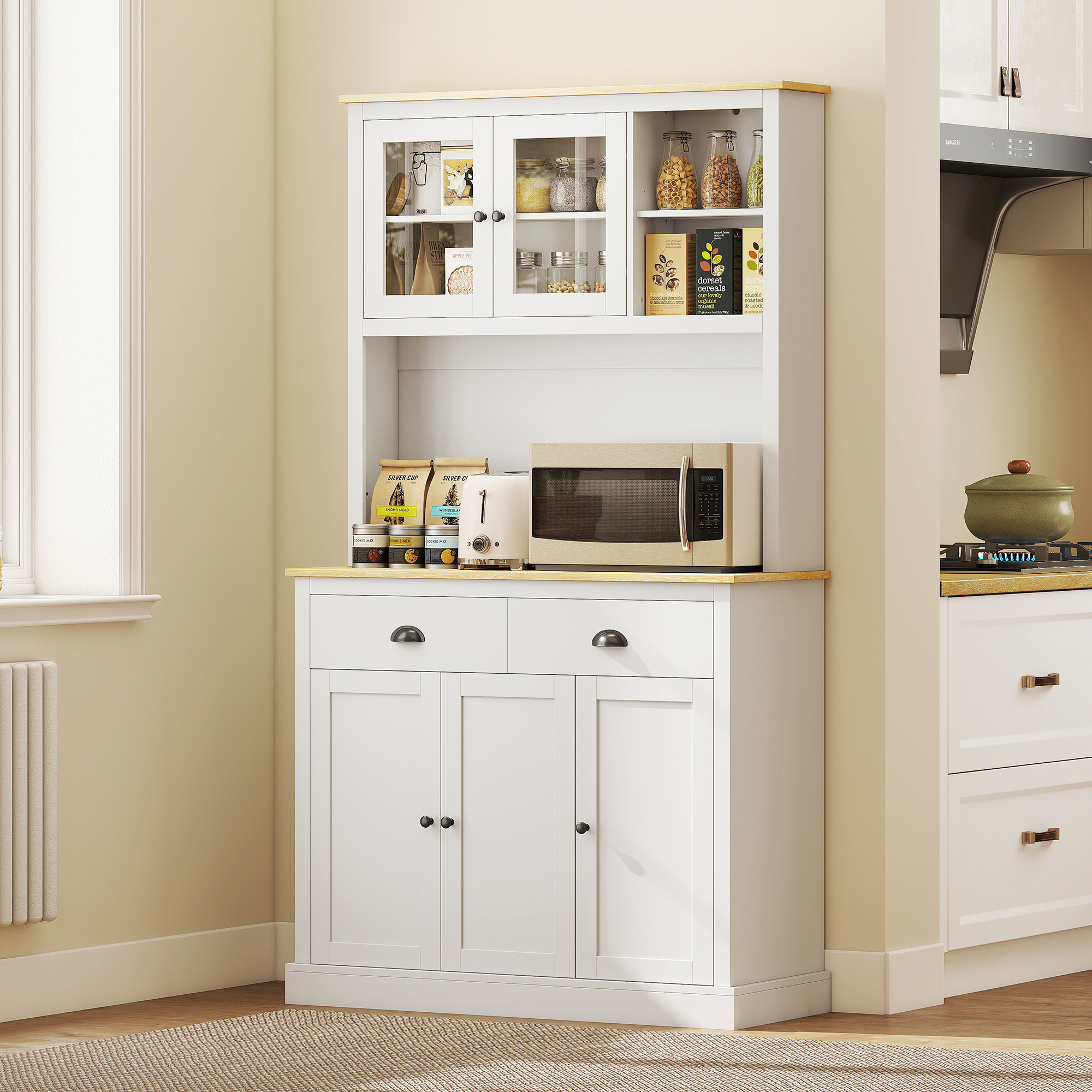 Cabinet pantry autoportant 71" blanc, comptoir large, tablettes