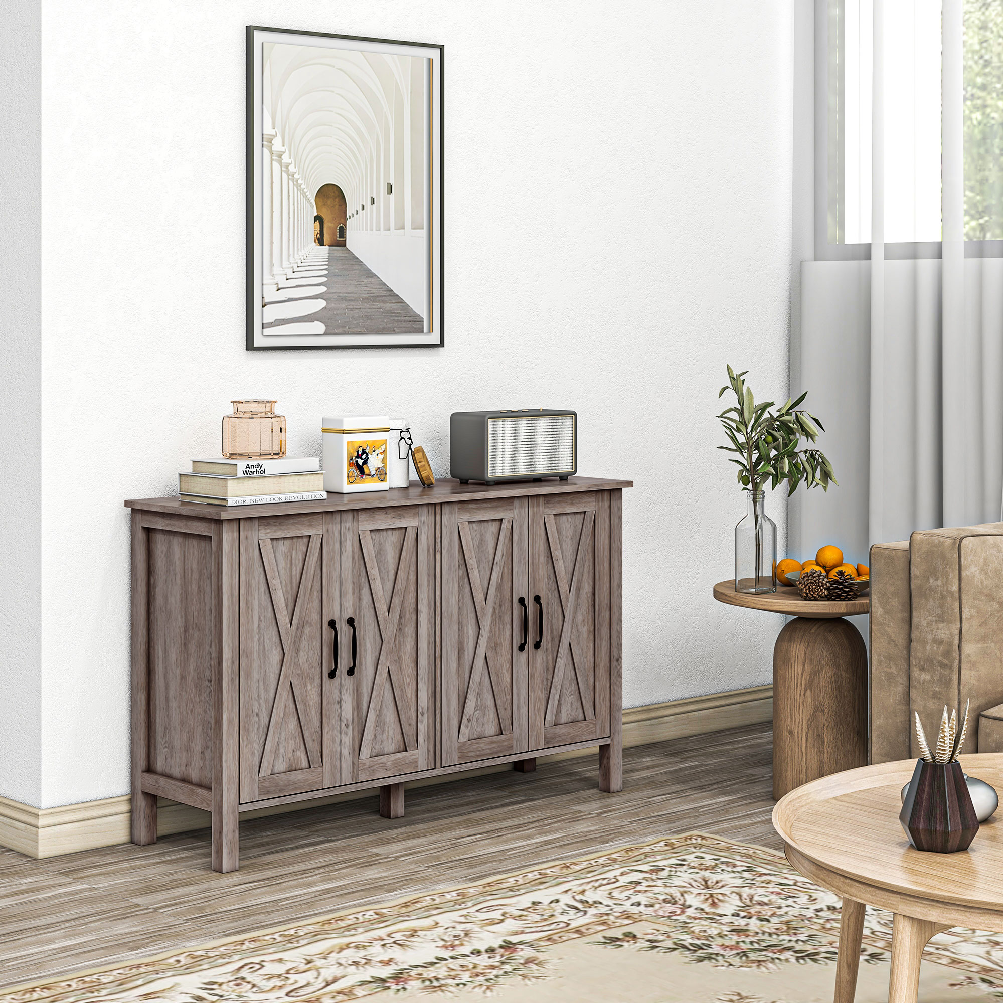 Buffet 4 portes grange gris, 2 tablettes ajustables