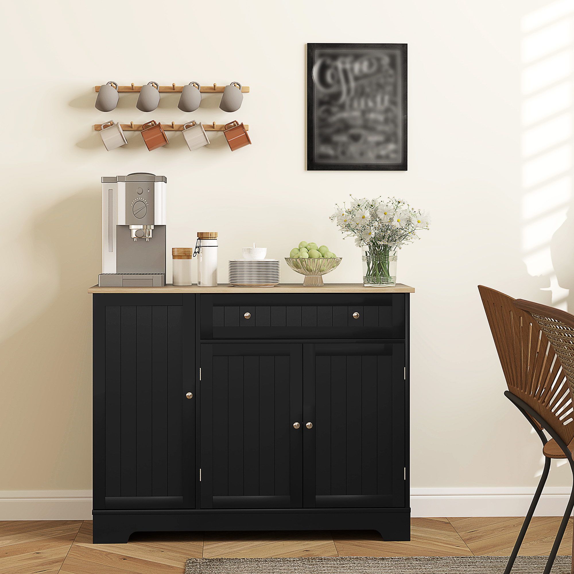 Buffet cuisine 41" noir, tiroir, tablette ajustable, 3 portes