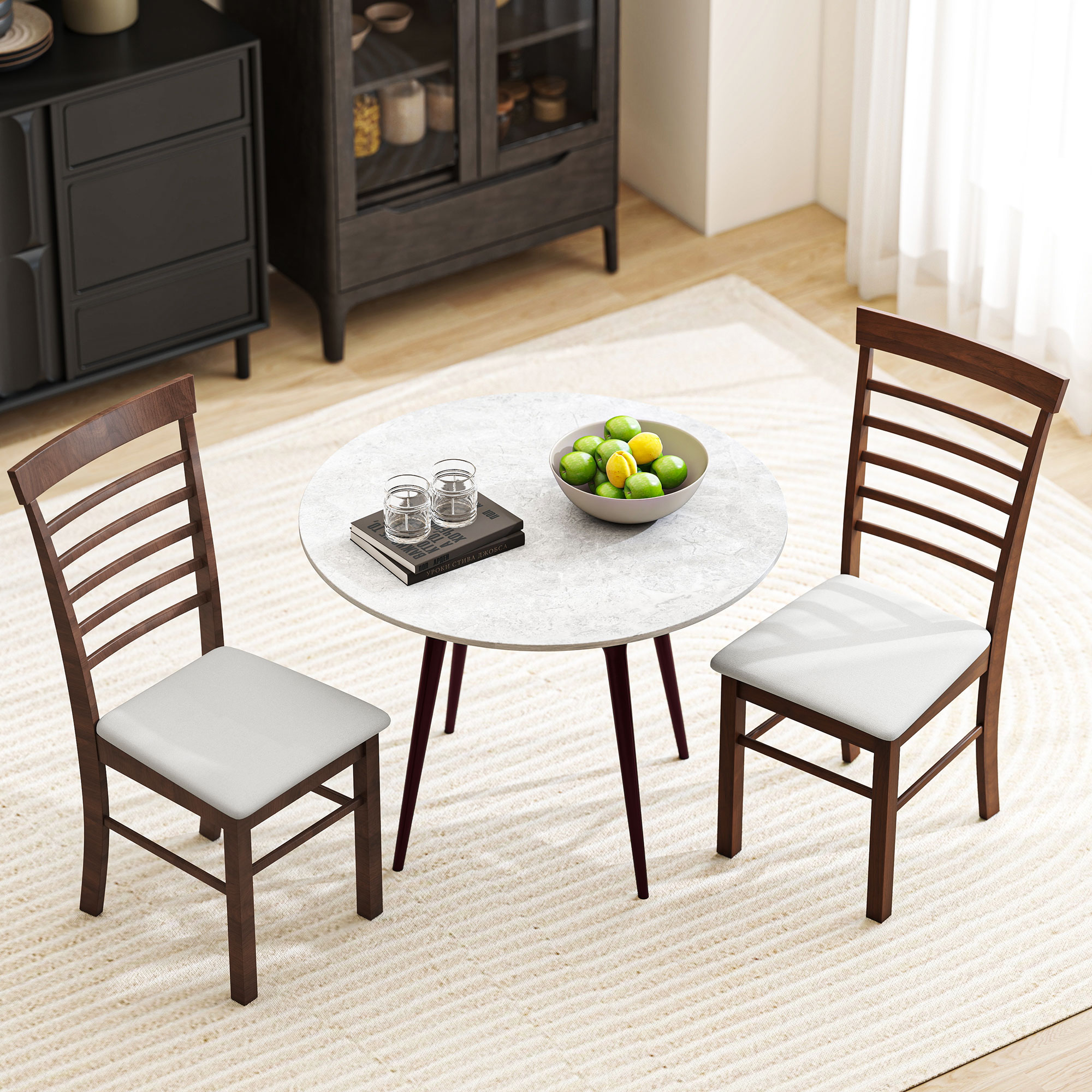 2 chaises bois, cadre bois caoutchouc, brun/beige