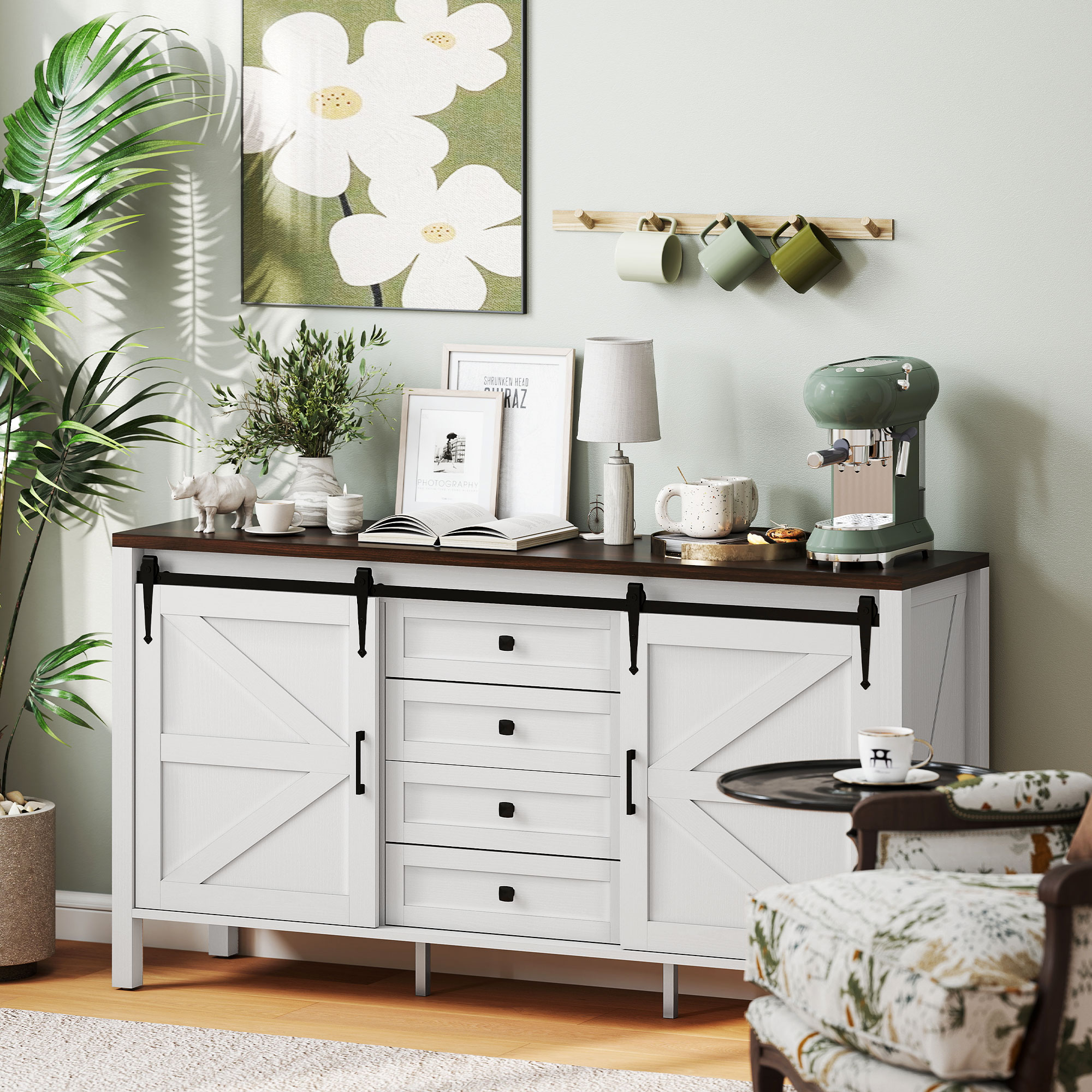 Buffet campagnard 59" portes grange 4 tiroirs blanc
