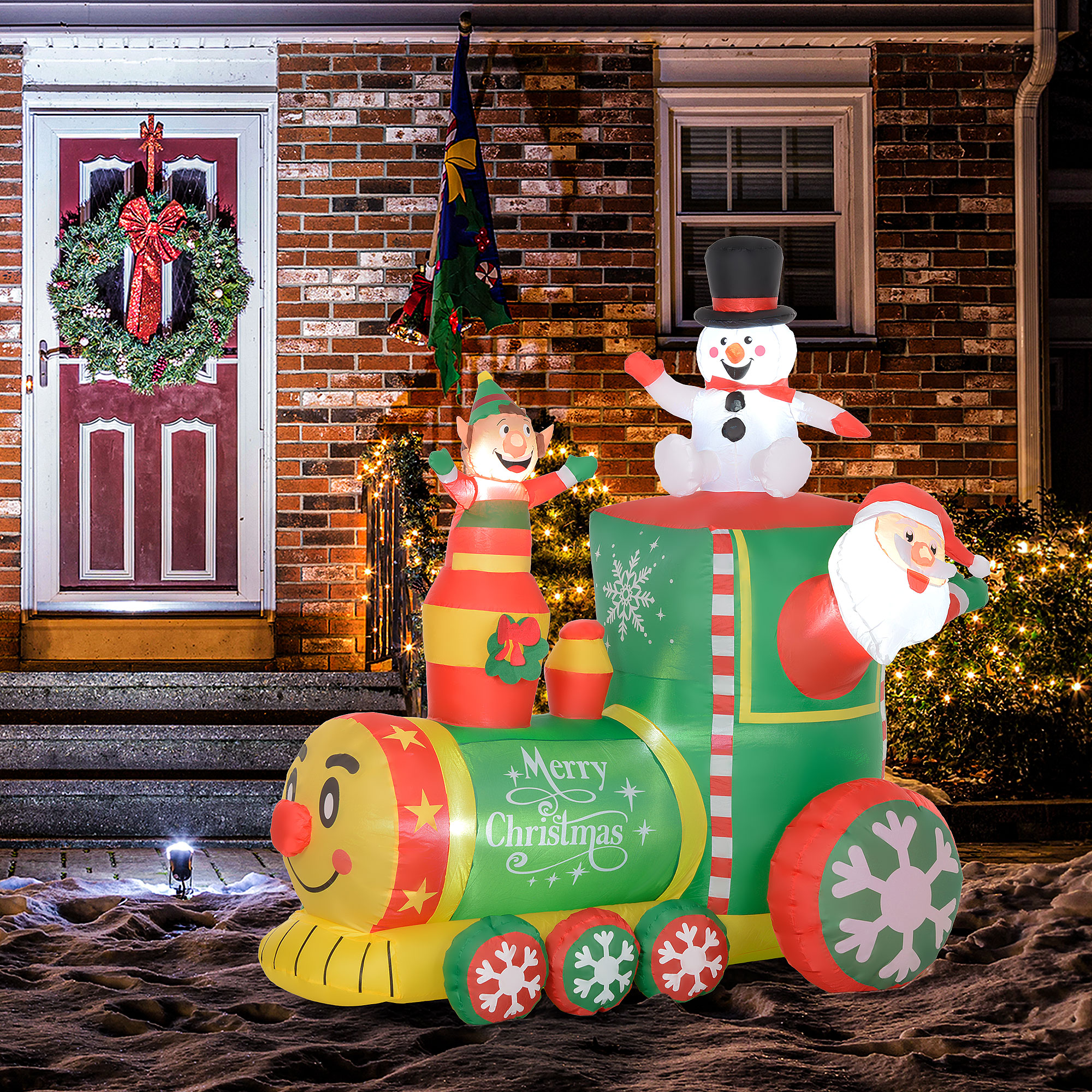 Train gonflable 6 pi, Père Noël, bonhomme neige, LED blanc