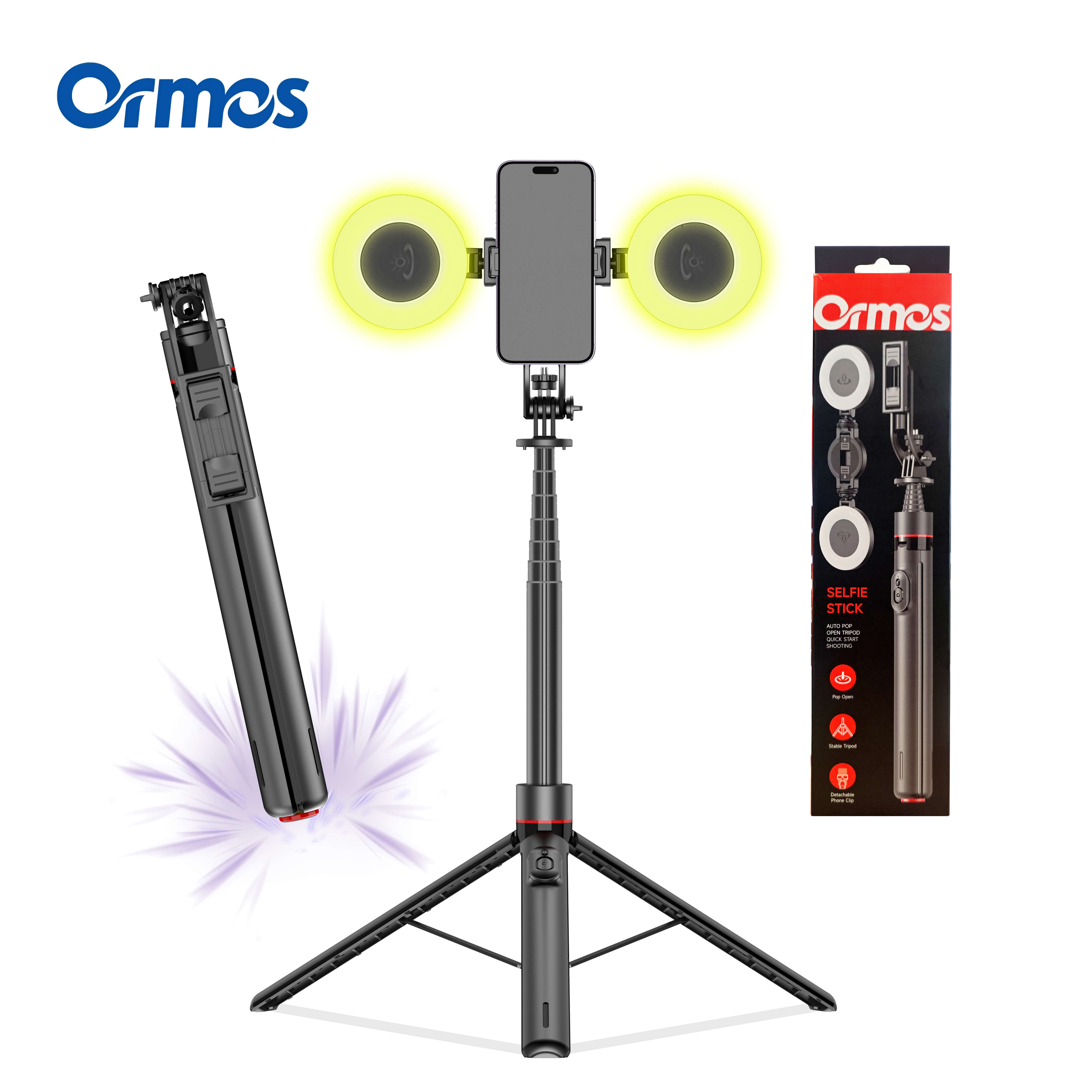 Selfie stick trépied lampe remplissage télécommande sans fil