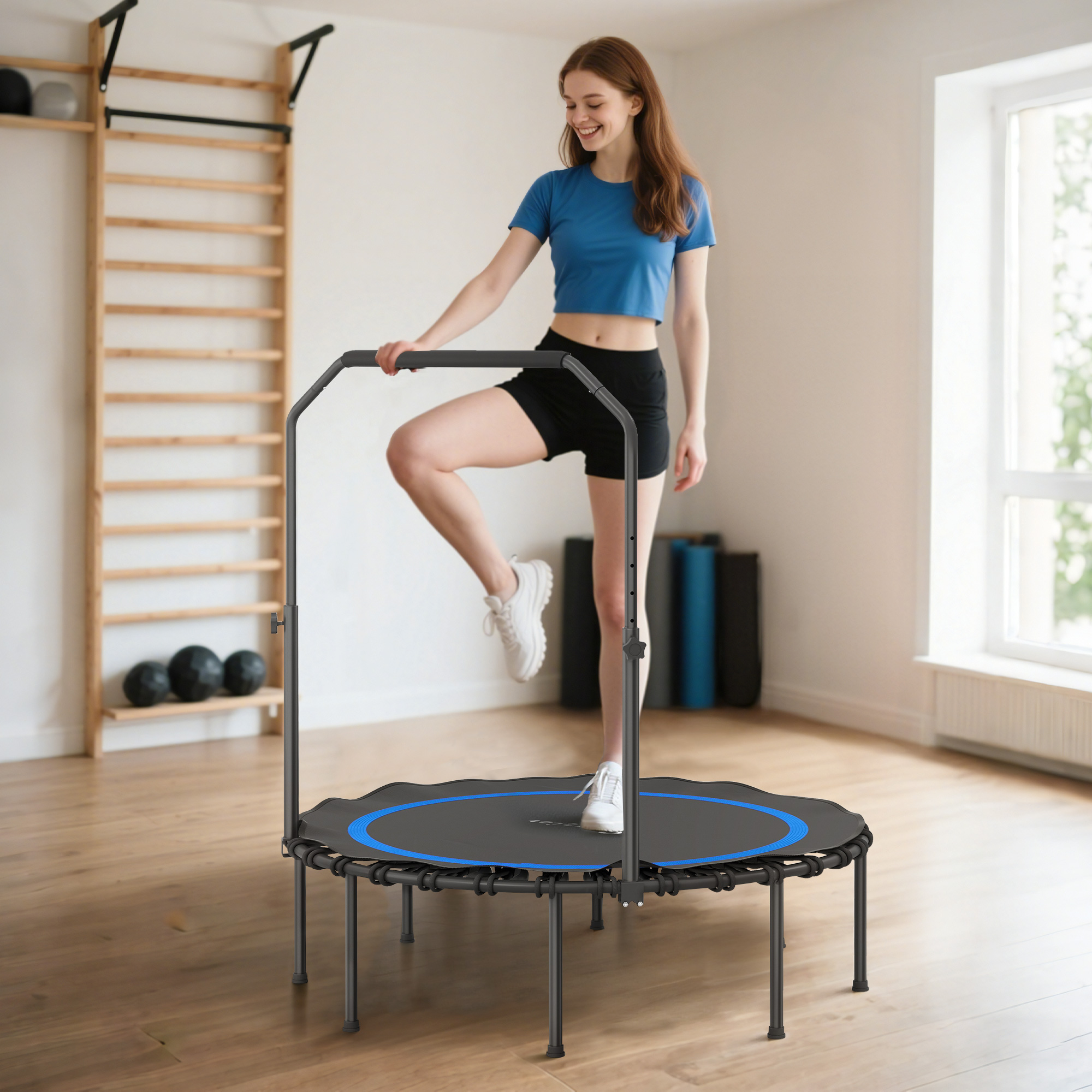Trampoline 45" adultes, pliable, barre, bleu