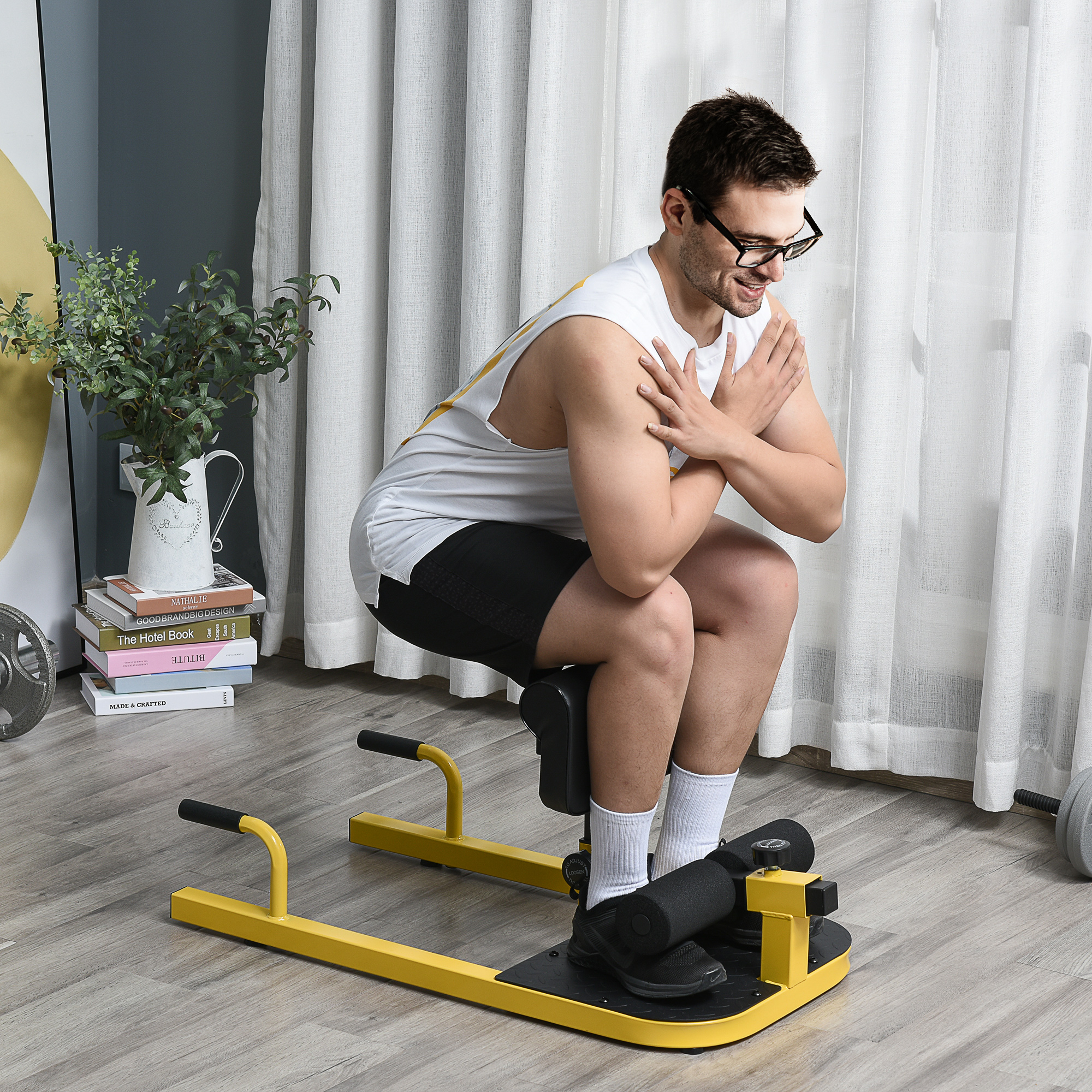 Machine 3-en-1 pompes/abdos/squat, jaune, équipement gym