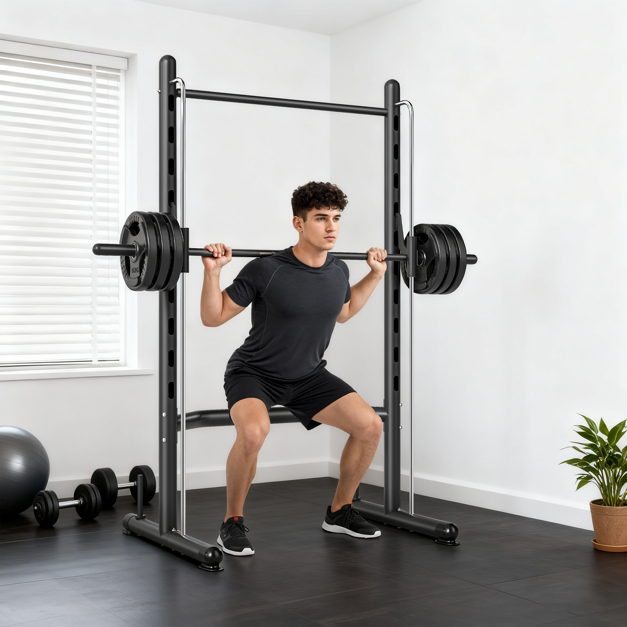Rack squat avec barre tractions, banc ajustable, noir