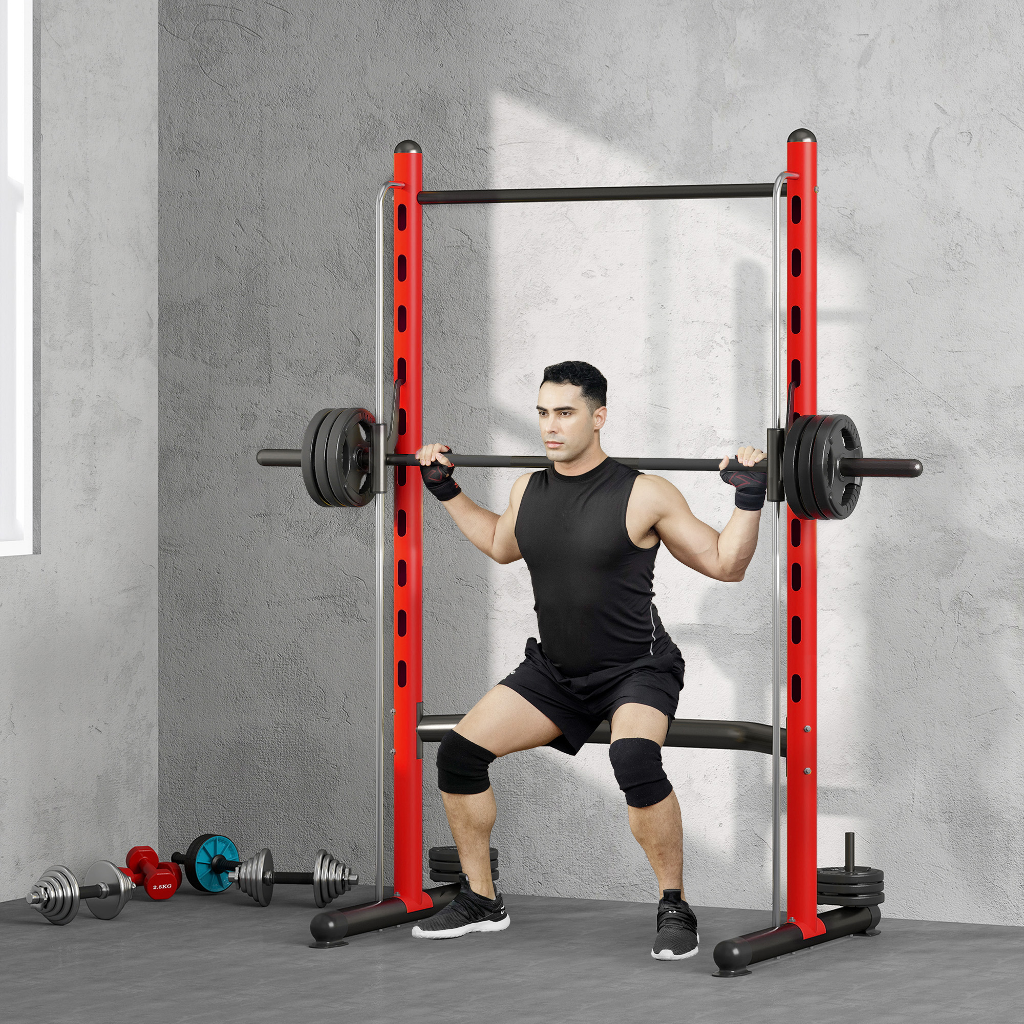 Rack squat avec barre tractions, banc ajustable, rouge