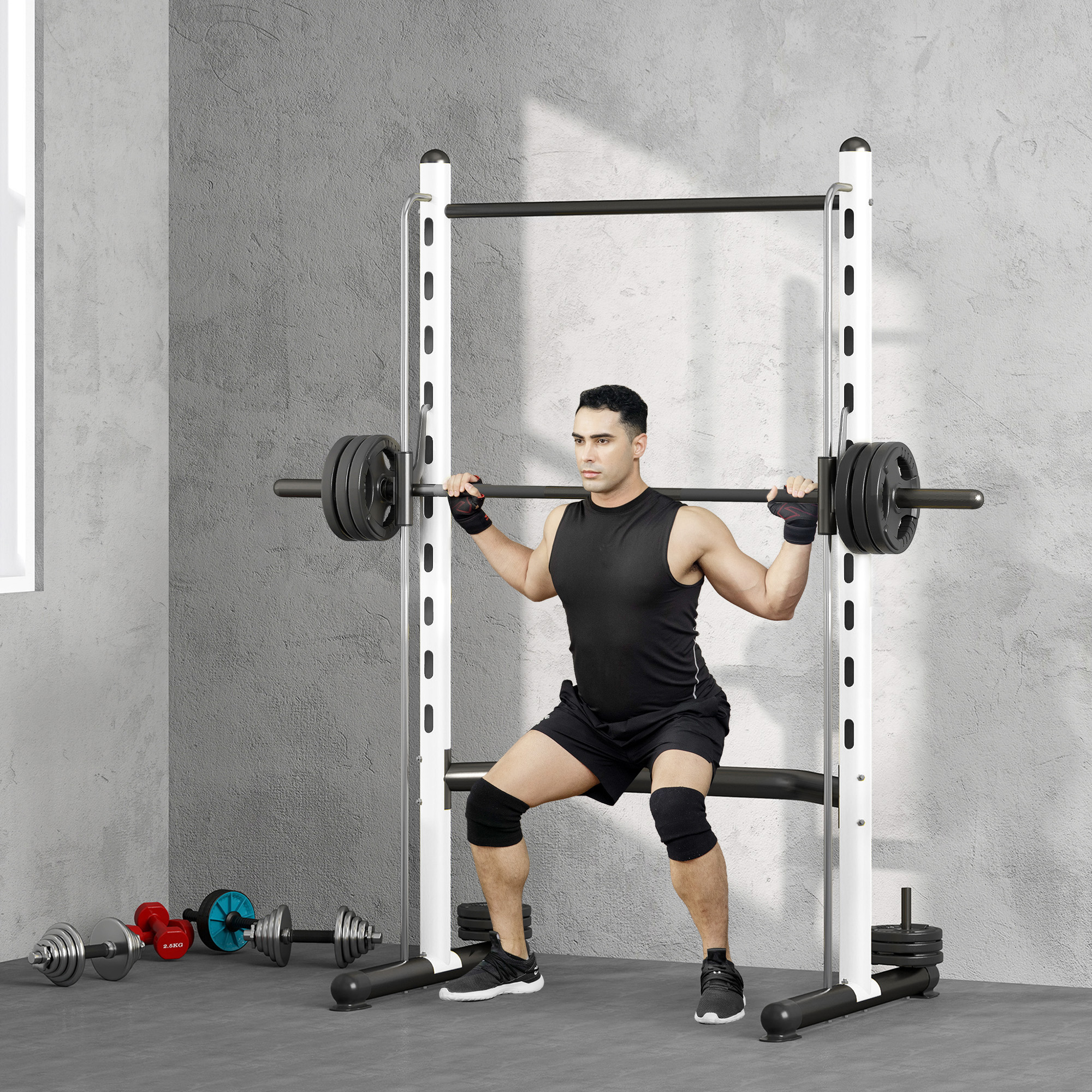 Rack squat avec barre tractions, banc ajustable, blanc