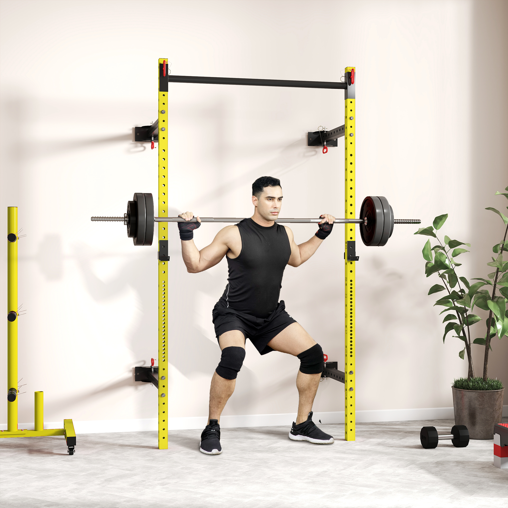 Rack squat mural pliable, barre pull-up, jaune