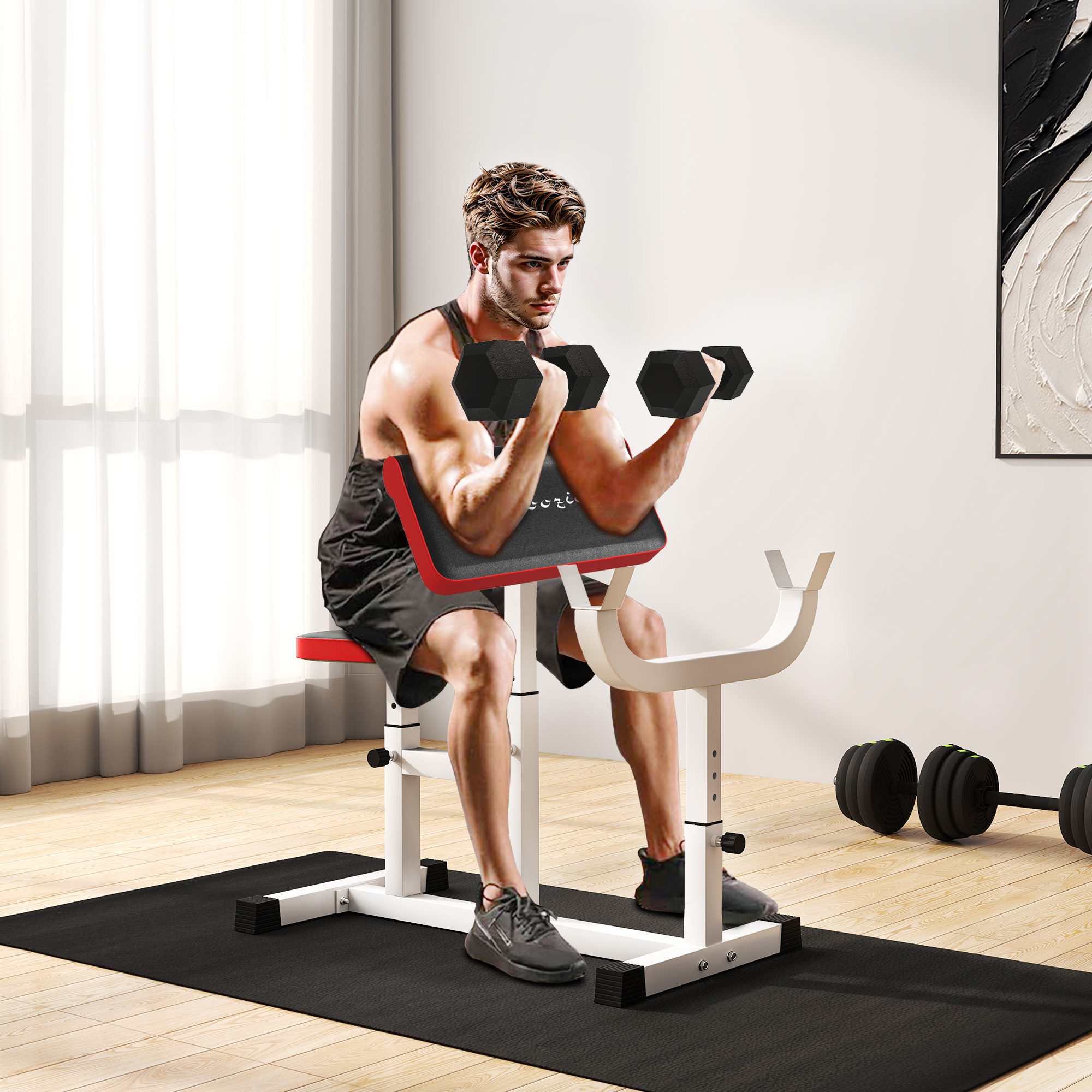 Banc curl 265 lb bras isolé altères muscles biceps blanc