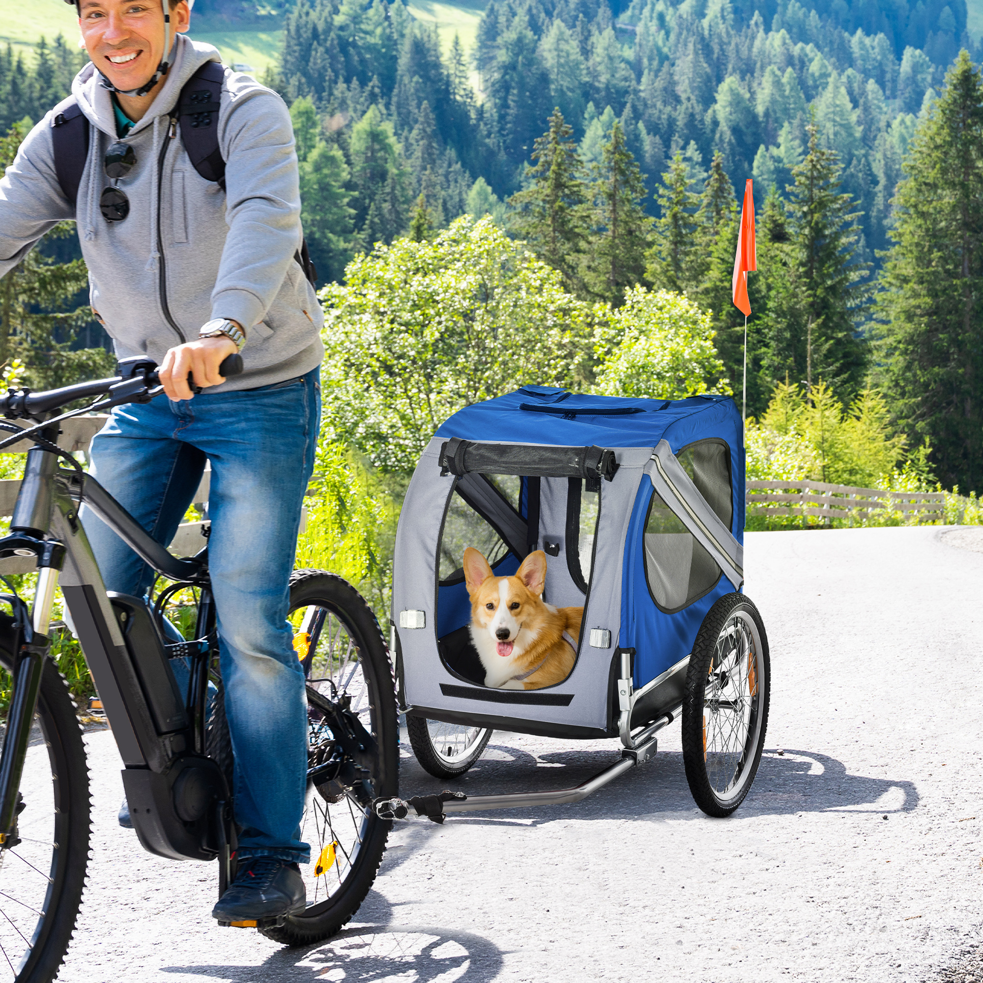 Remorque vélo chien bleu/blanc, roues 20", 3 entrées, mesh