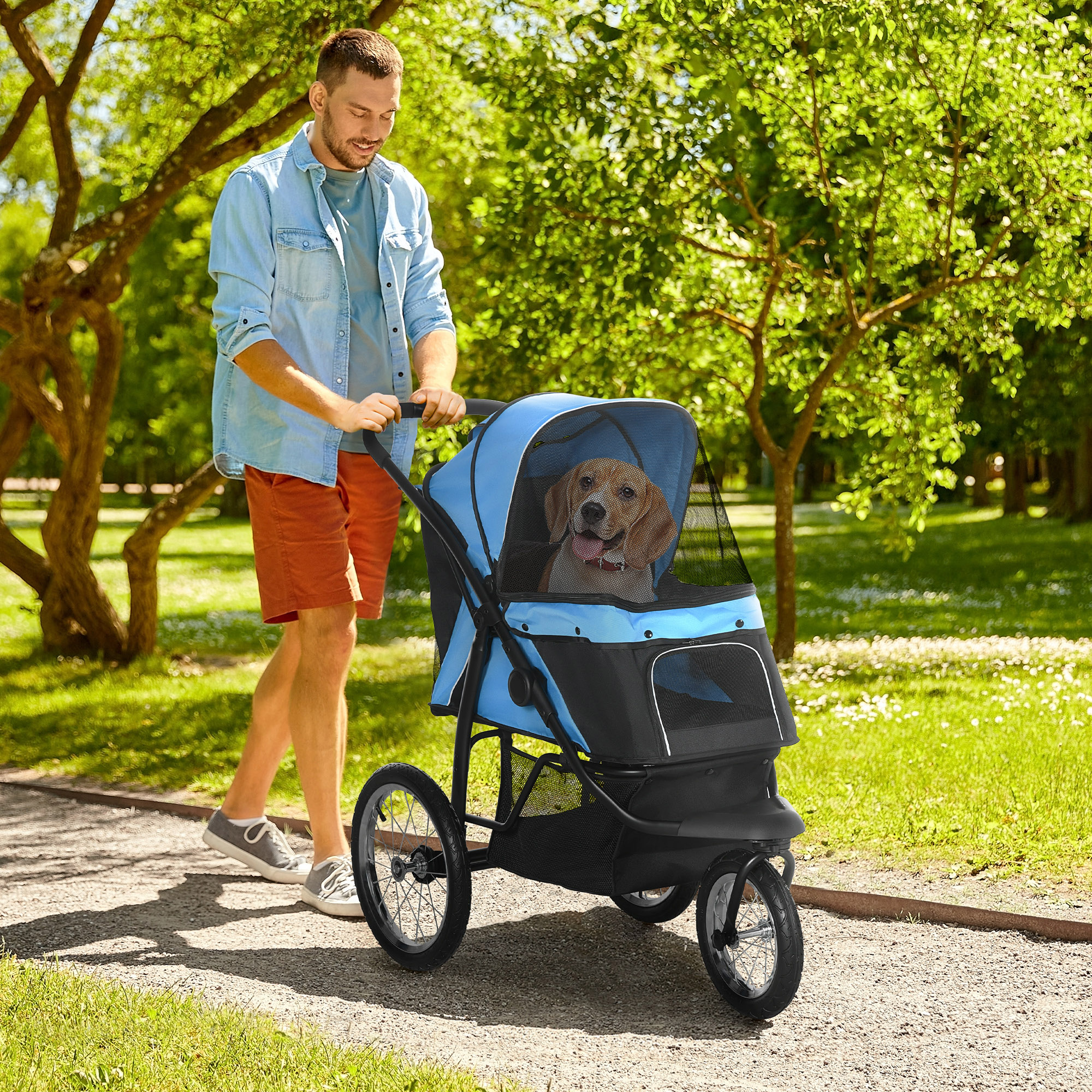 Poussette animal 3 roues petit/moyen chien, bleu