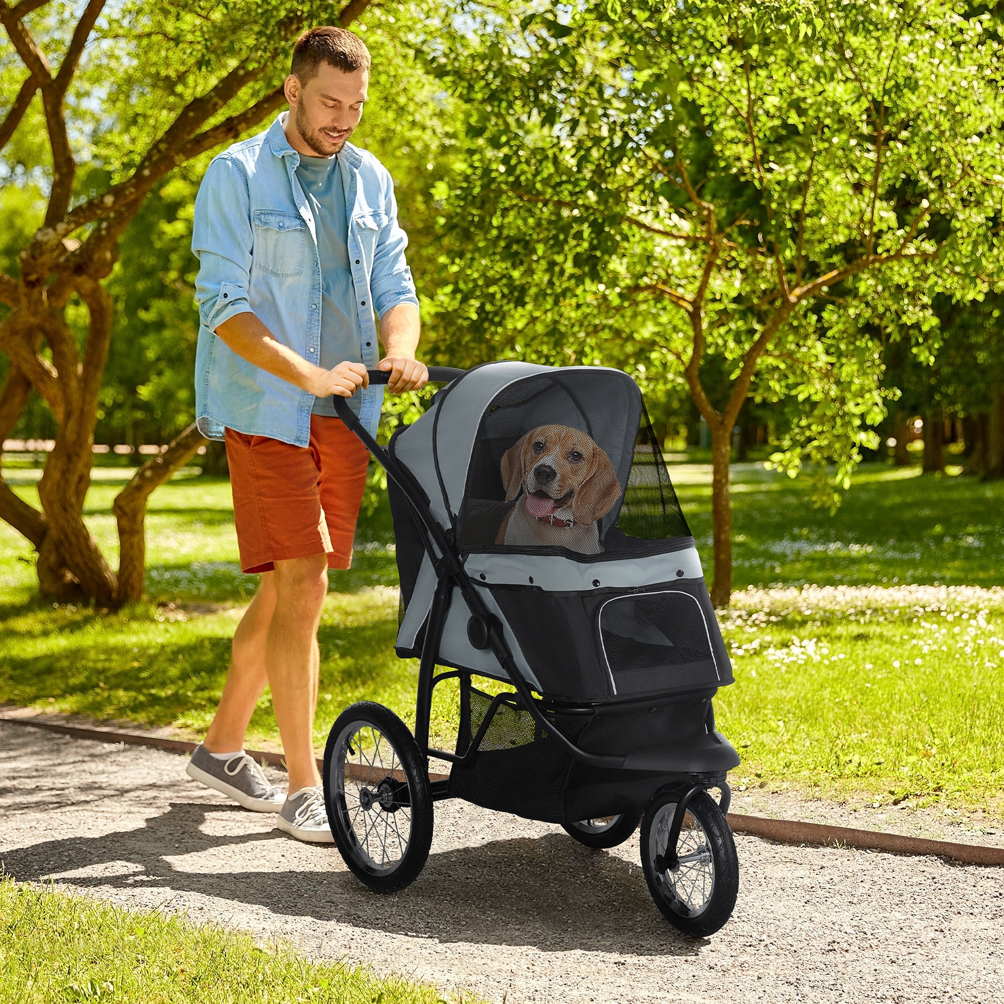 Poussette animaux 3 roues petit/moyen chien, gris