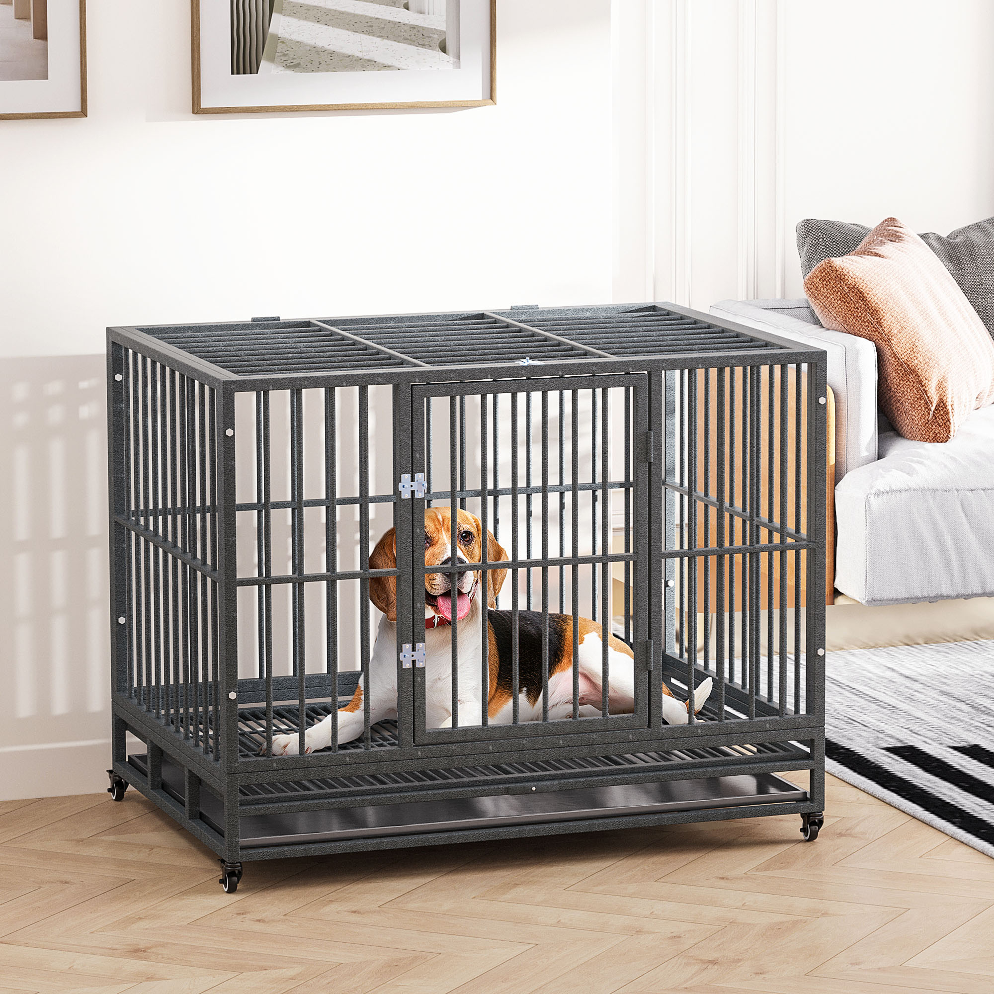 Caisse chien métal 43po robuste, 2 portes, roues, plateau gris