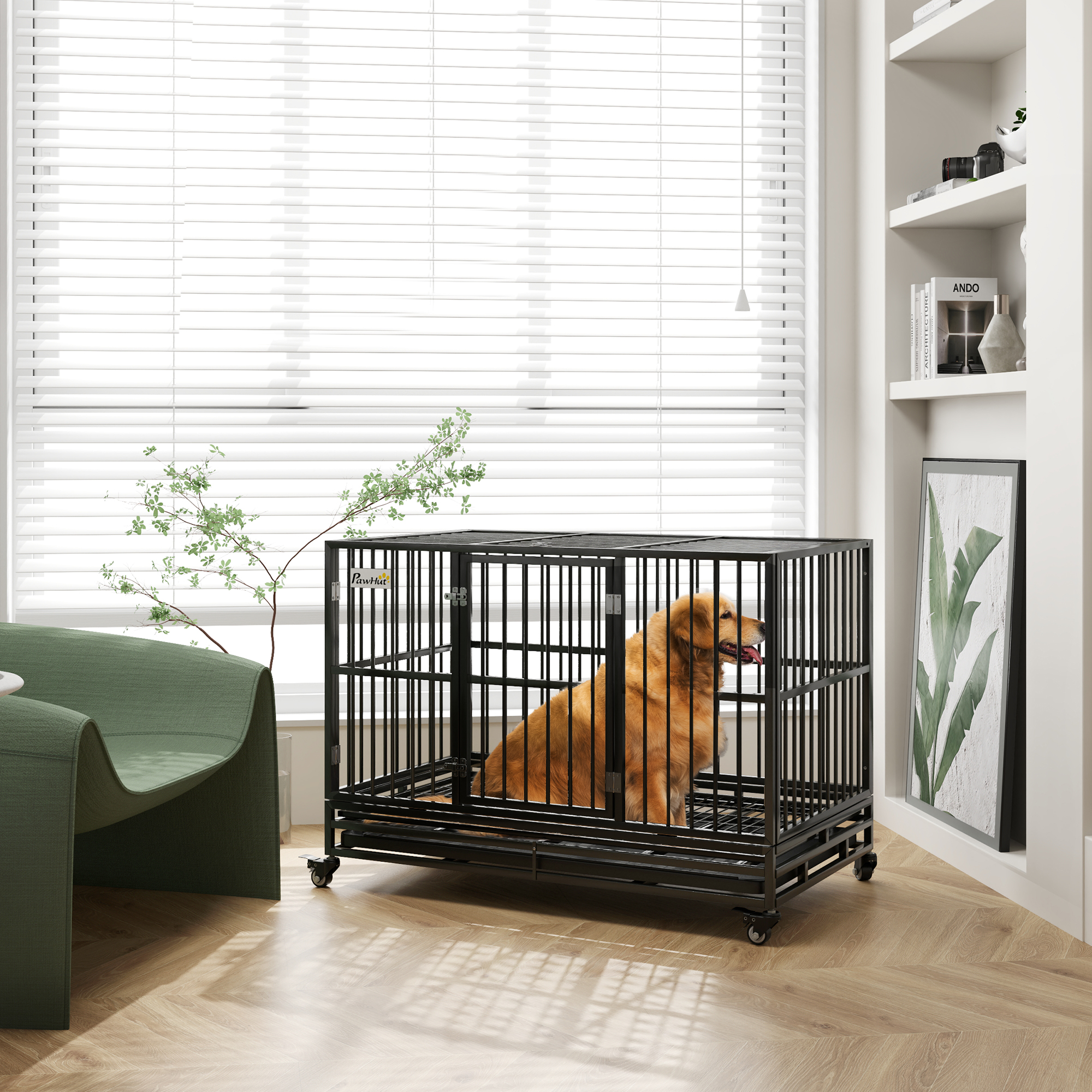 Cage chien 48" double porte, métal, roues verrouillables, plateau