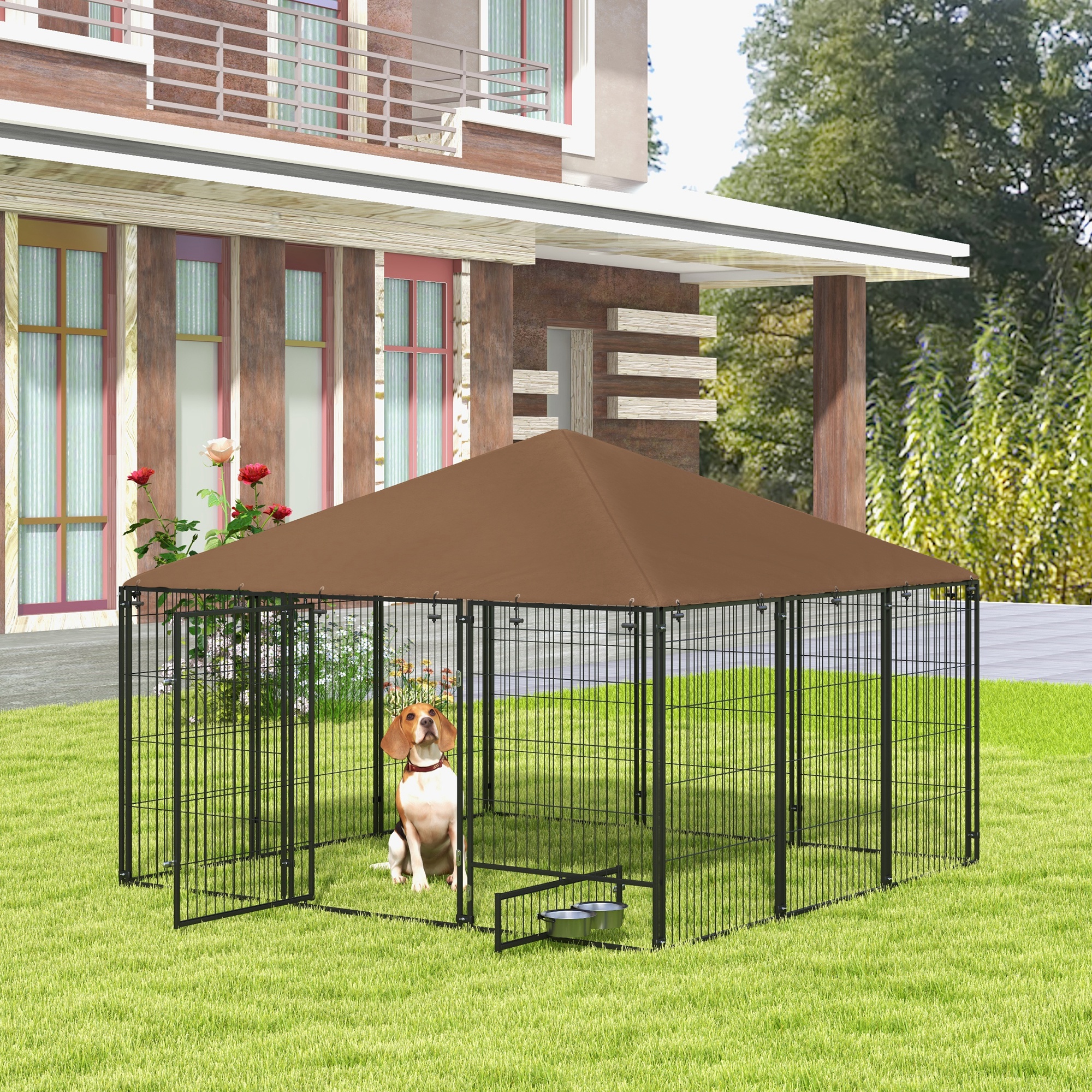 Chenil extérieur 6,9x6,9x5, auvent, clôture, bol rotatif