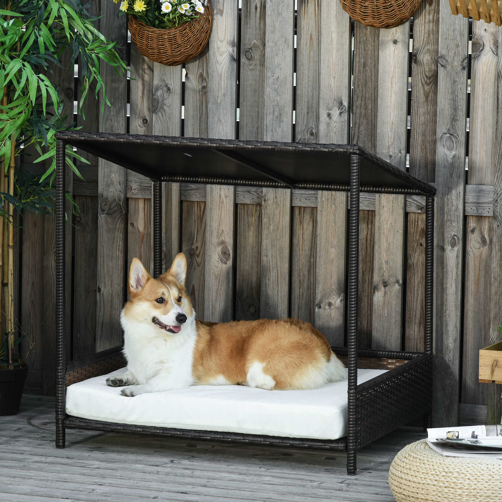 Niche chien rotin surélevée lit chat intérieur/extérieur brun