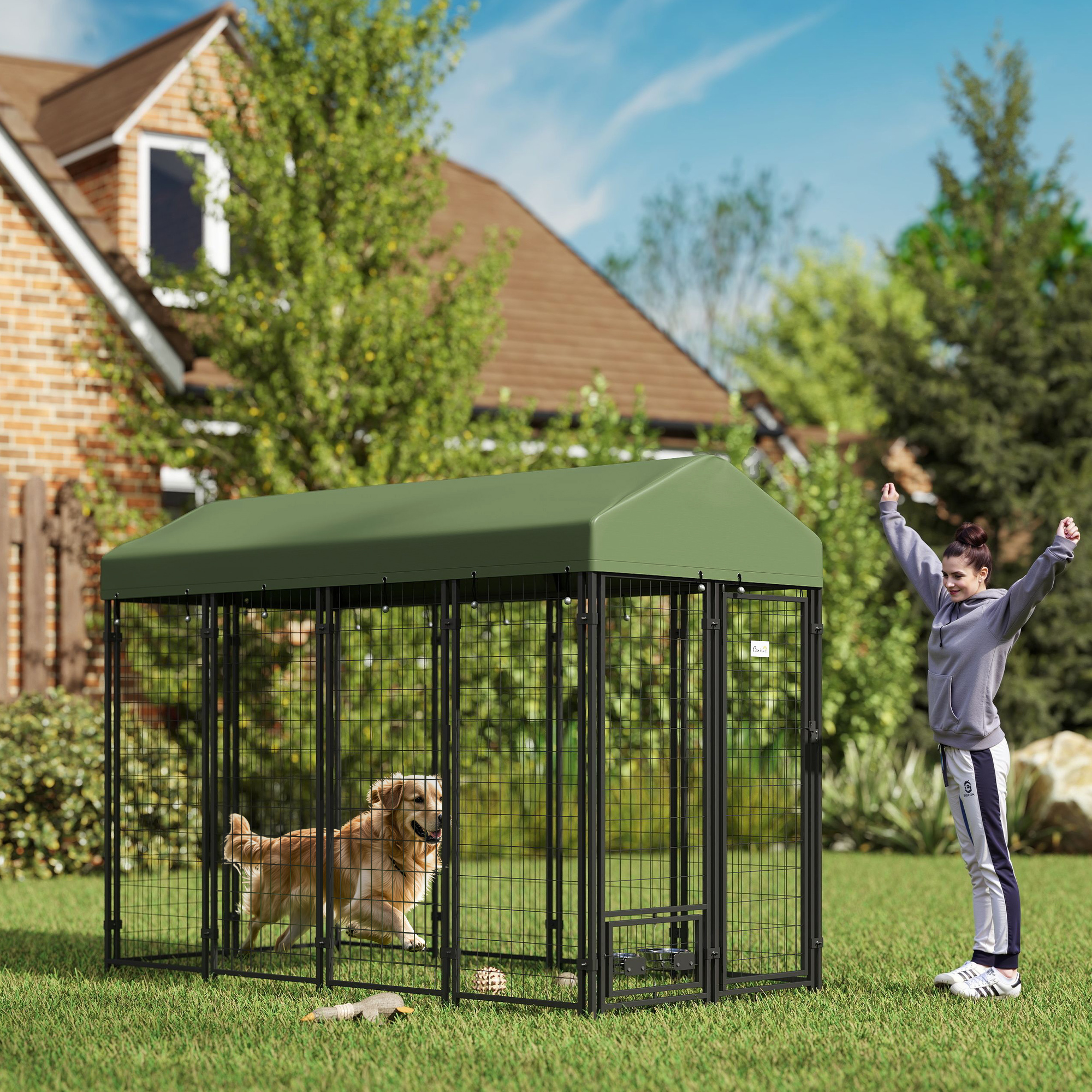 Chenil chien 8x4x6 vert, bol rotatif, couverture