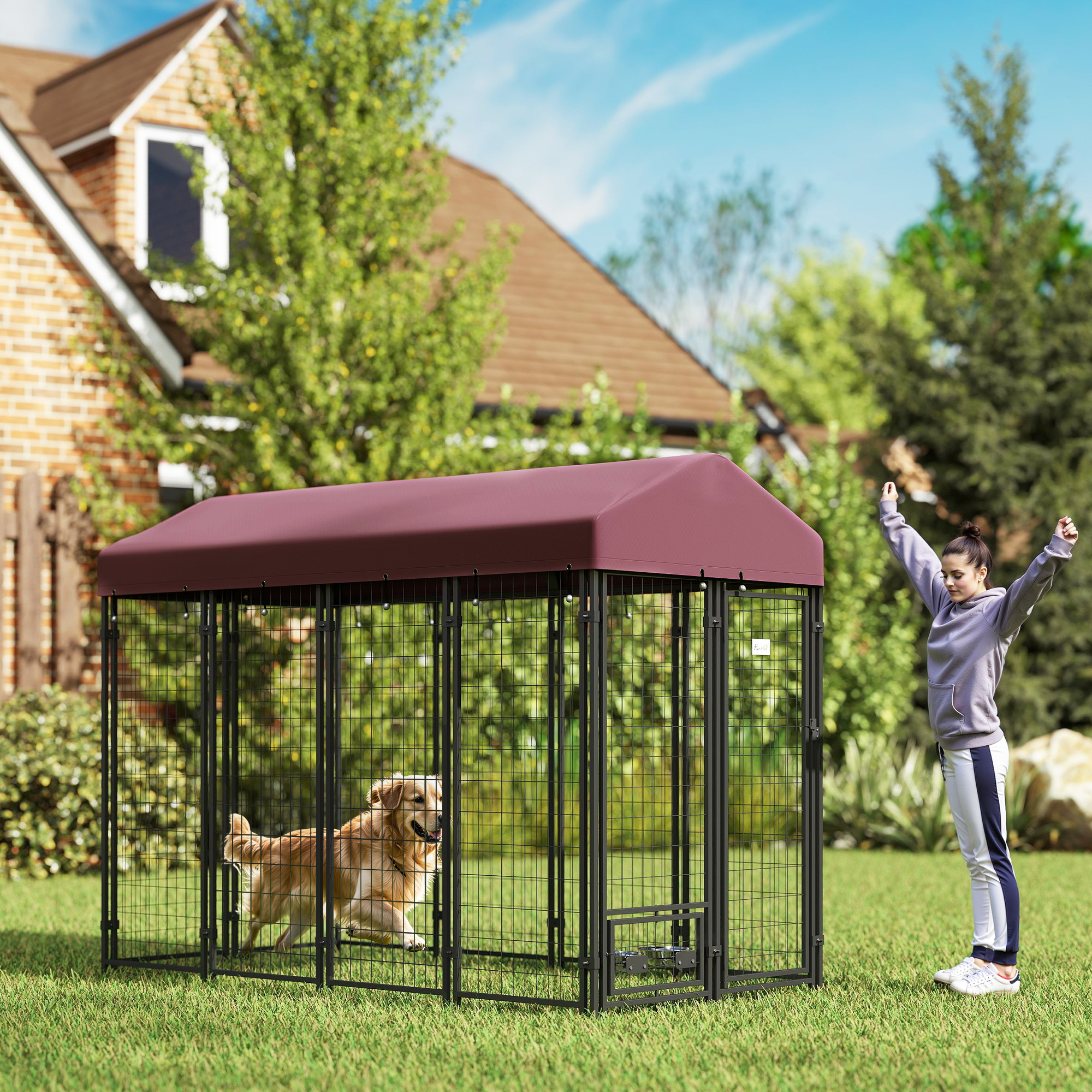 Chenil extérieur chien 8x4x6 rouge, bol rotatif