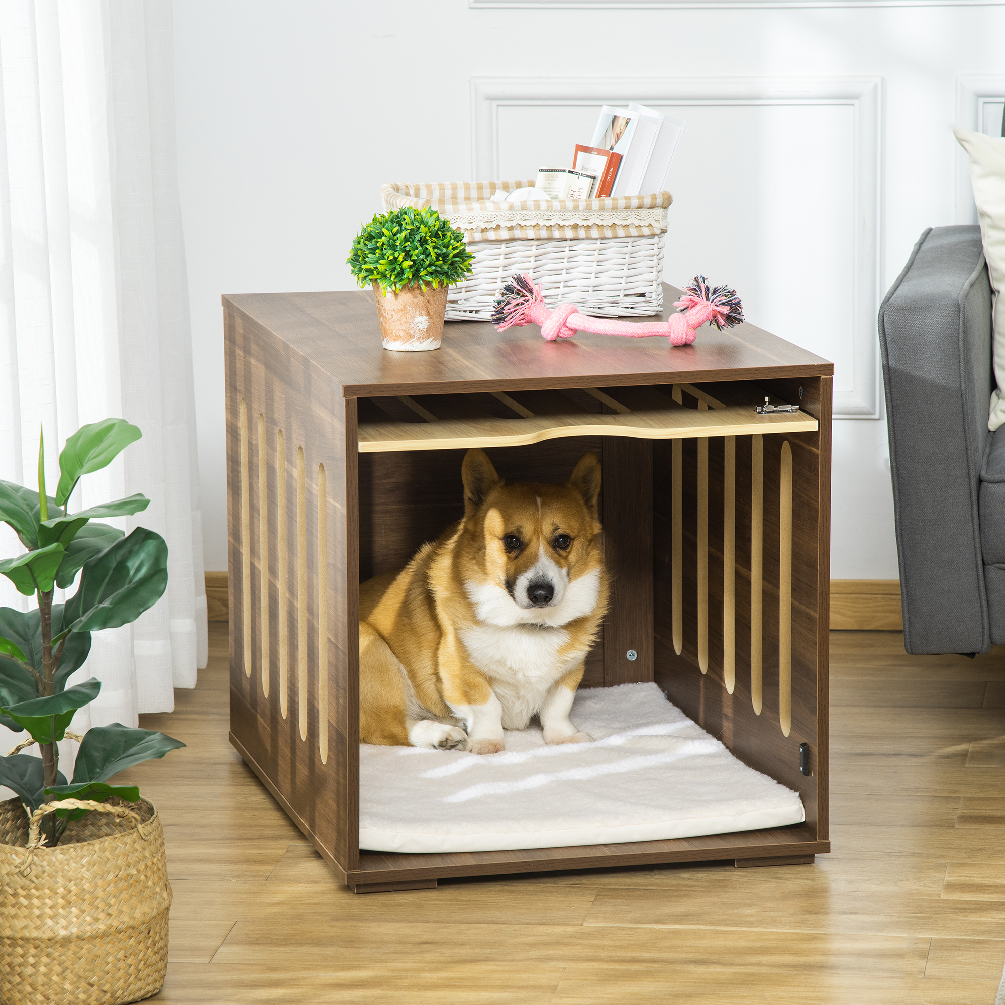 Cage chien style meuble table marron mousse coussin petit/moyen
