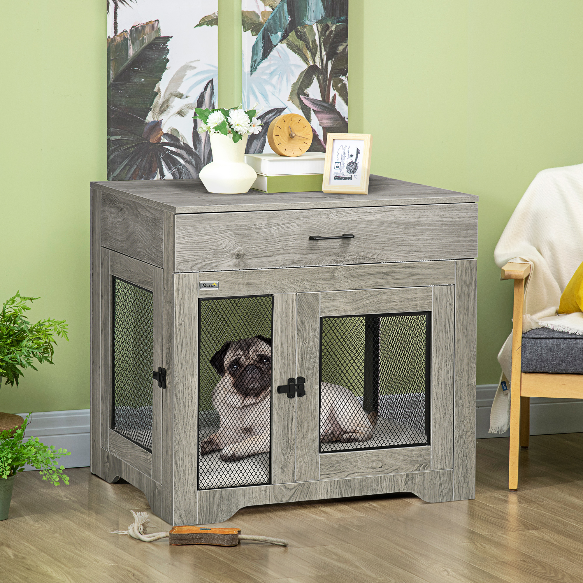 Meuble-cage pour chien petit format, coussin gris résistant à l'eau