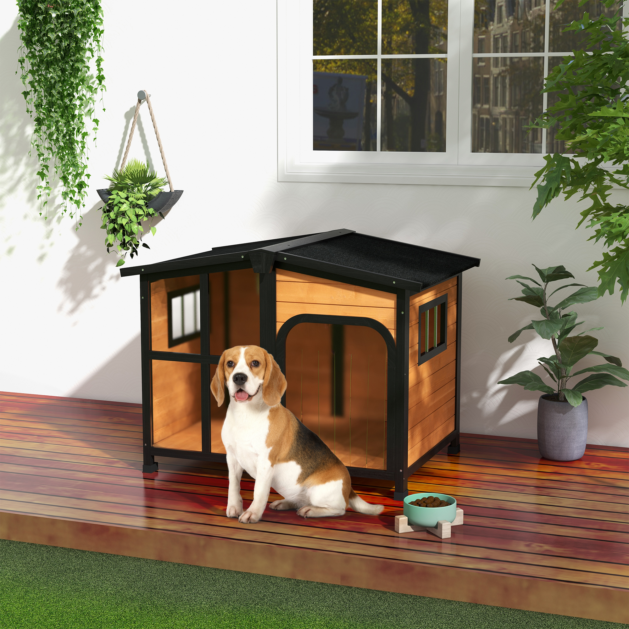 Niche chien bois grand toit ouvrable jaune