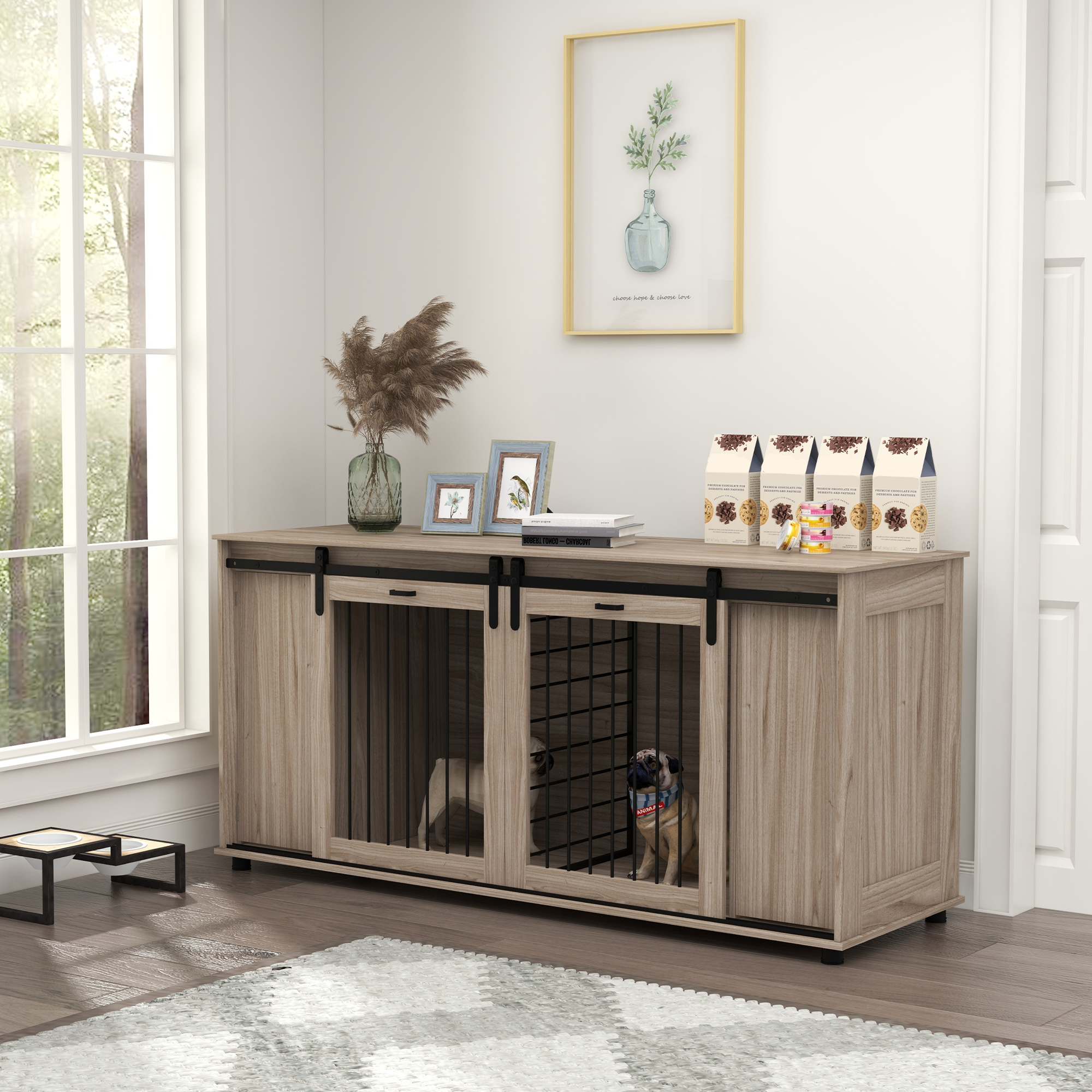 Meuble chenil chien 71" noyer, 2 petits/1 grand