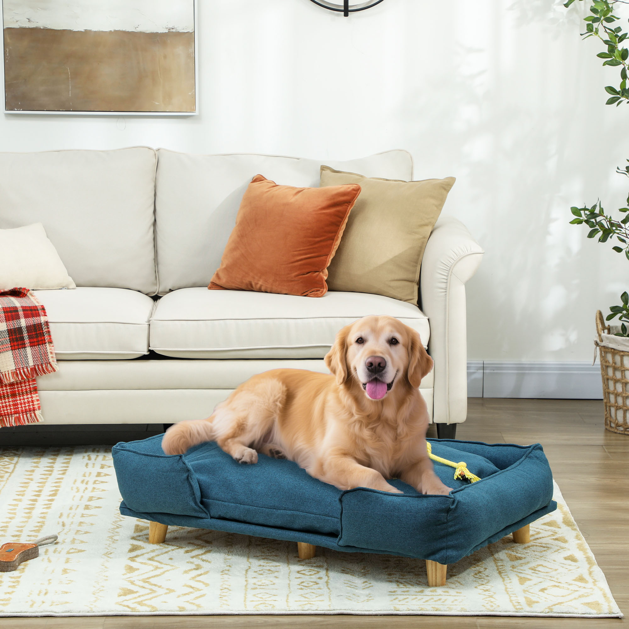 Canapé chien bois surélevé coussin bleu foncé grand