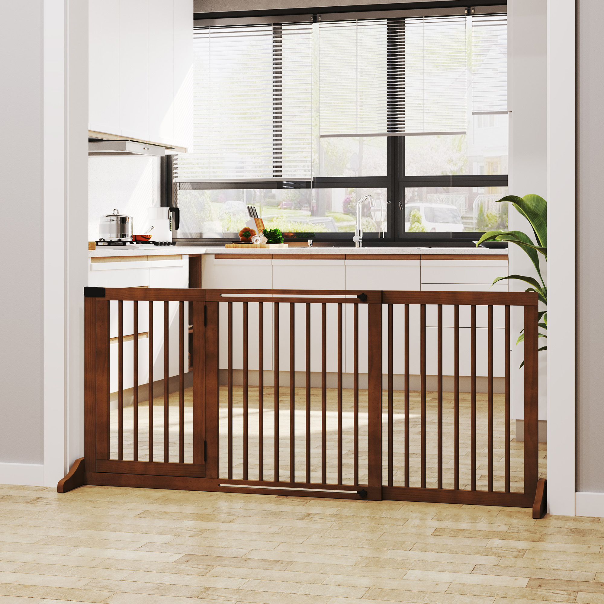 Barrière en bois réglable avec porte verrouillable, brun