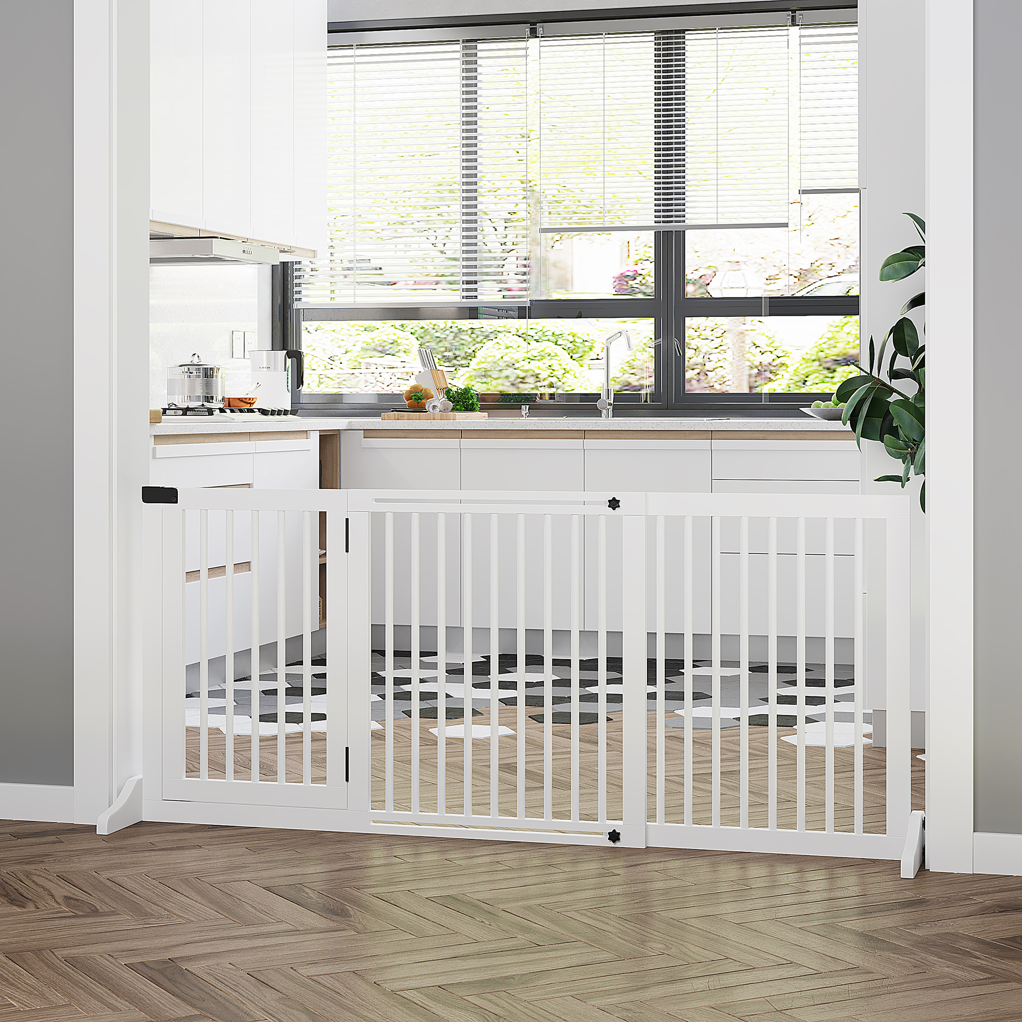 Barrière bois ajustable 3 panneaux porte verrouillable, blanc