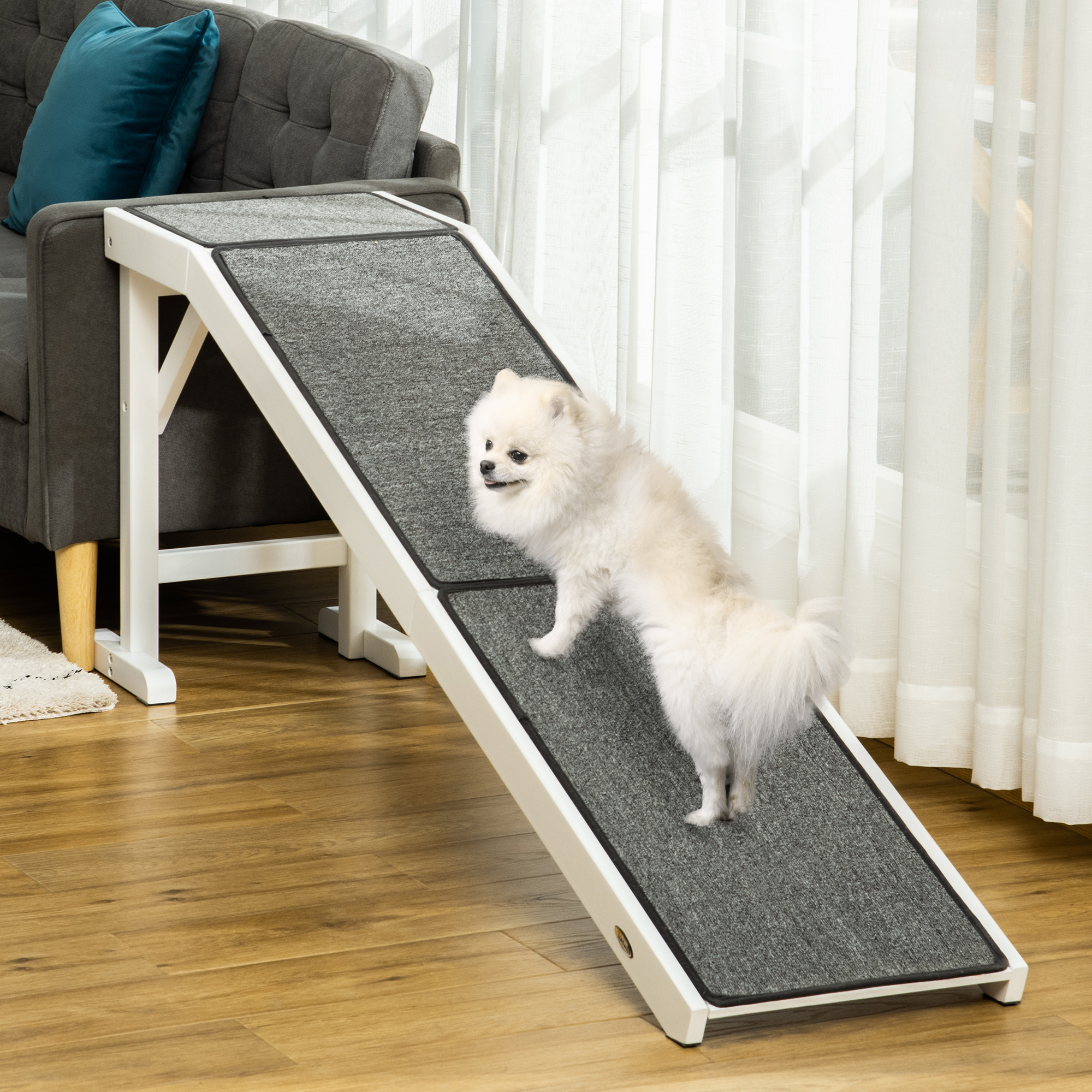 Rampe chien pliable grise blanche tapis antidérapant