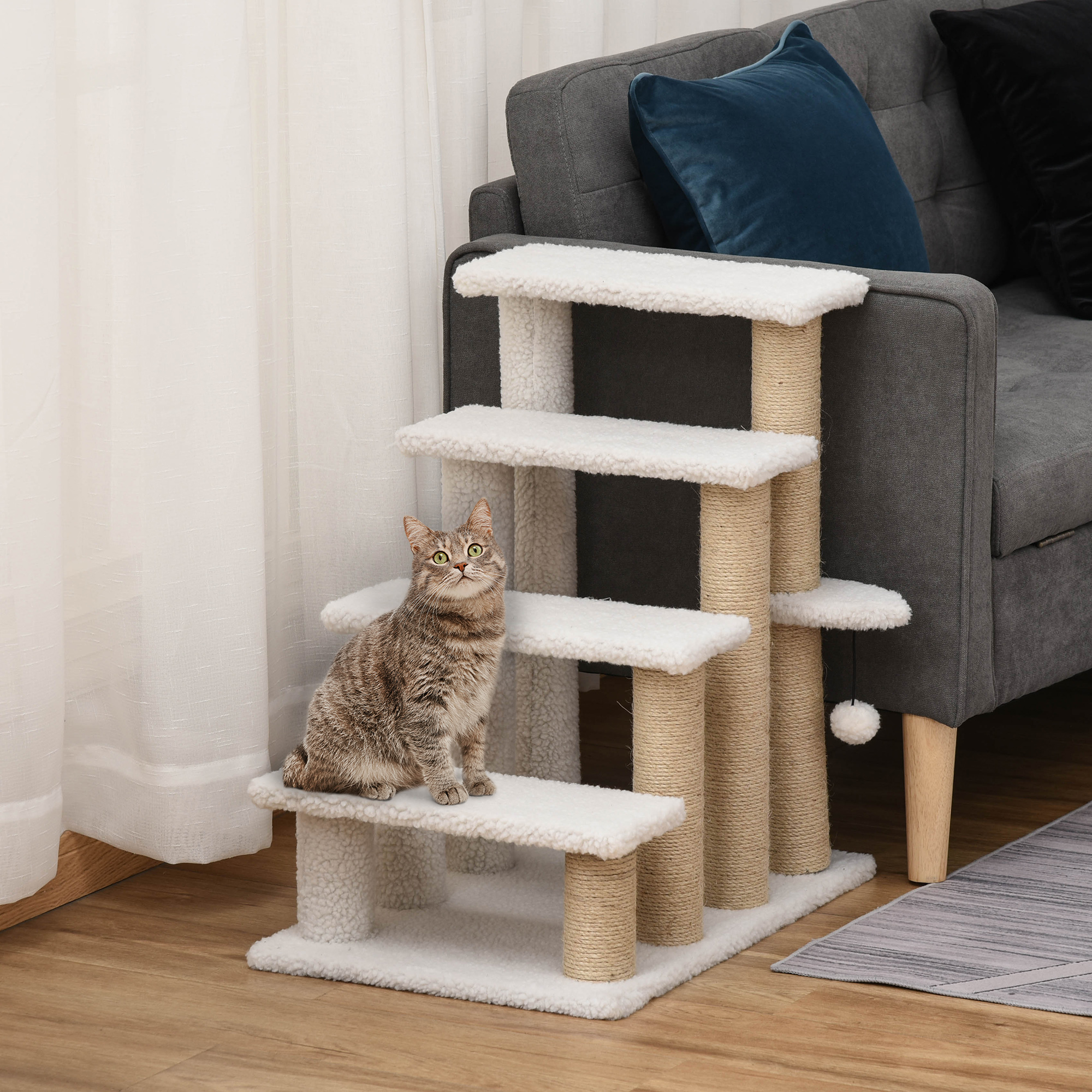 Escalier chat 4 niveaux blanc avec griffoirs, lit