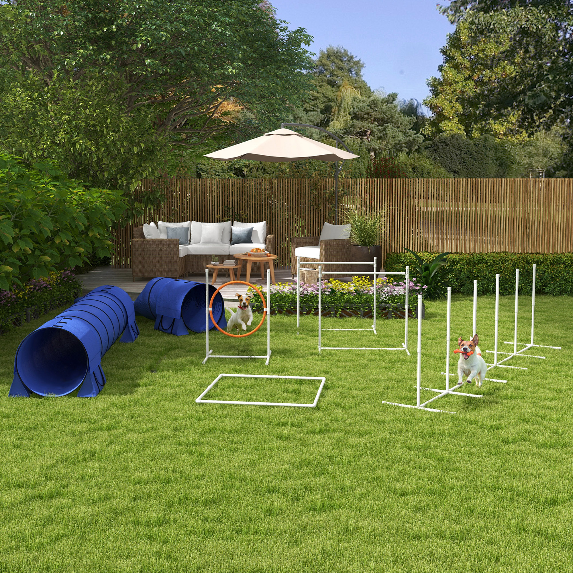 Kit 7pc entraînement agilité chien: tunnels, poteaux, haie, anneau, bleu