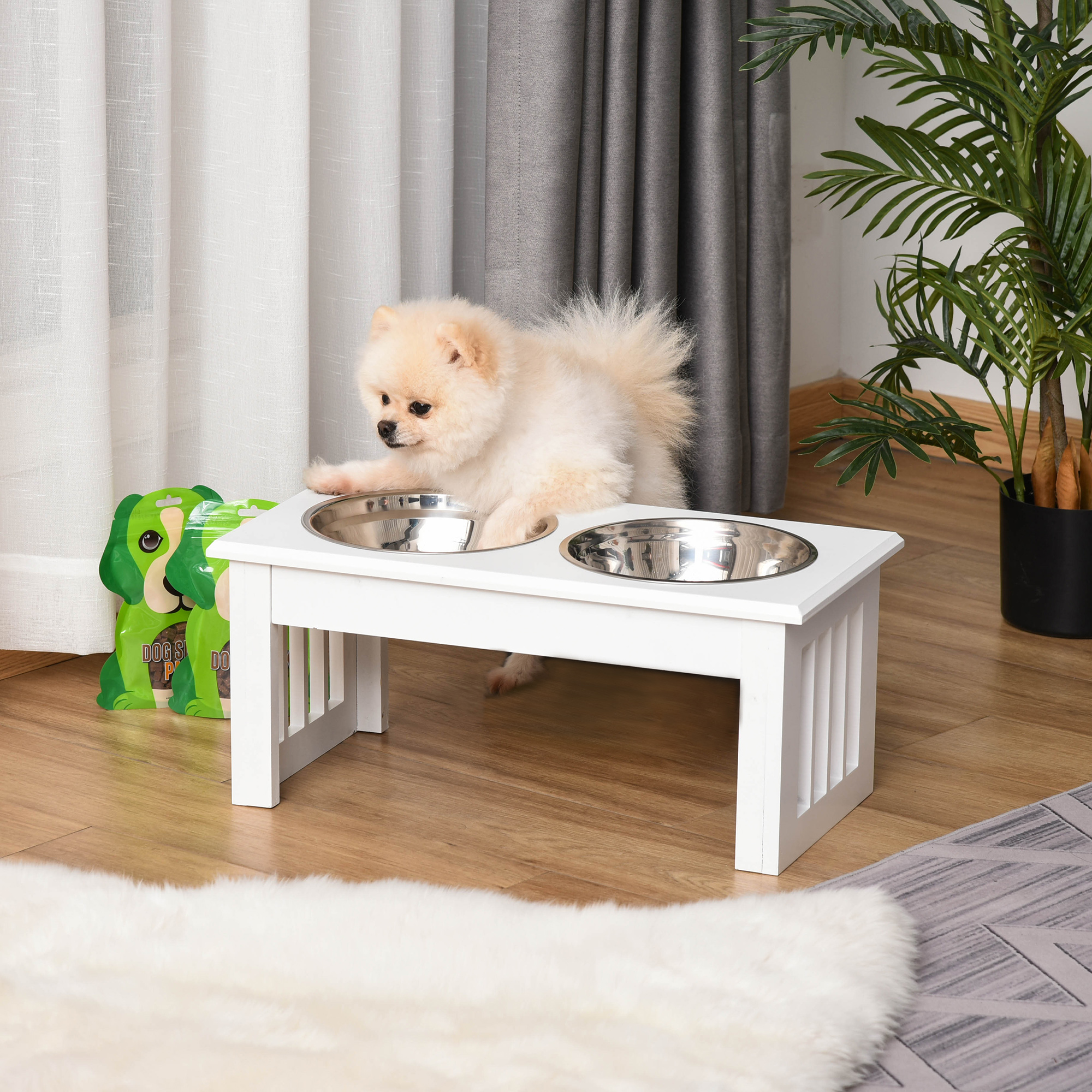 Station alimentation chiot 15cm acier inox cadre bois