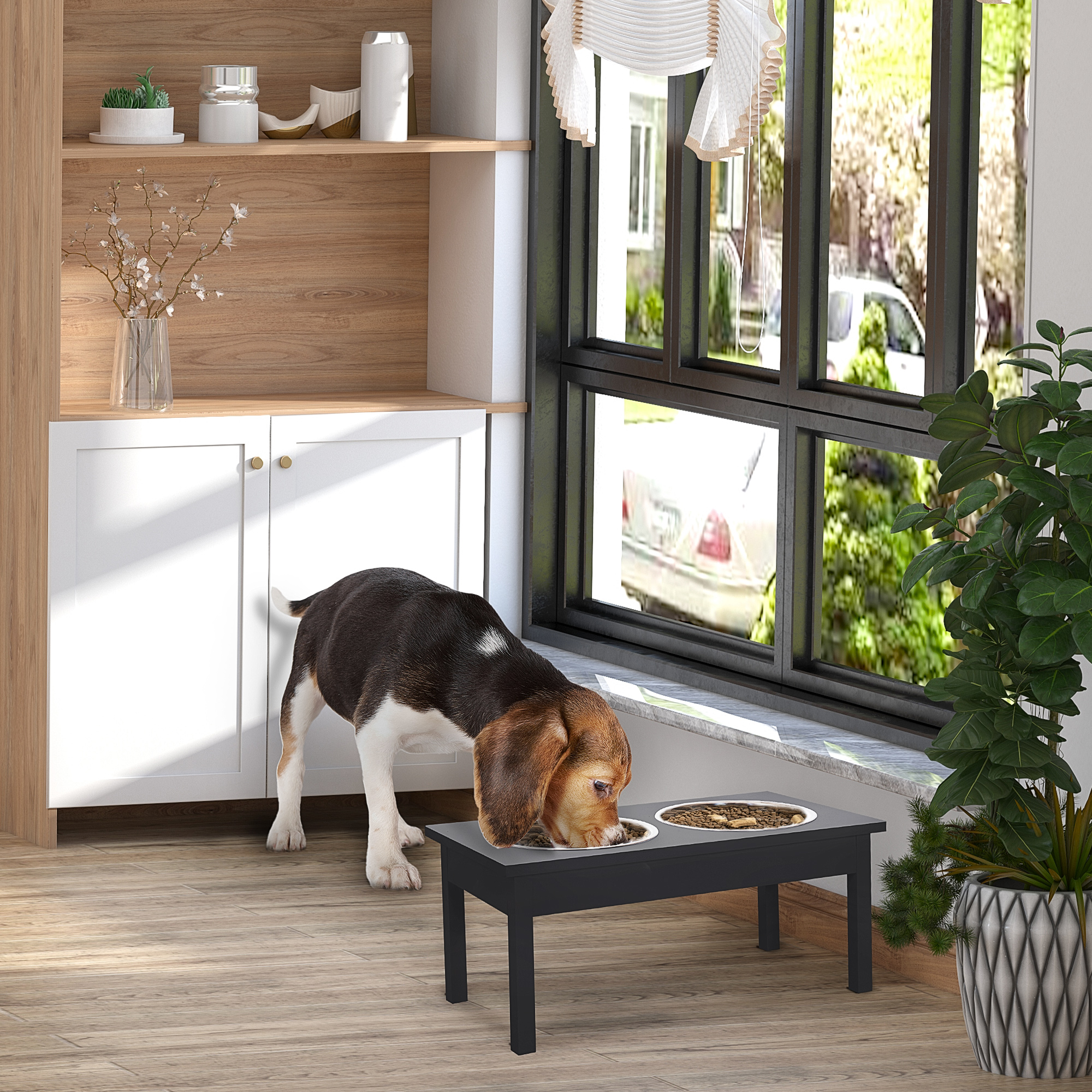 Mangeoire chien surélevée bois 23po, 2 bols acier inox noir