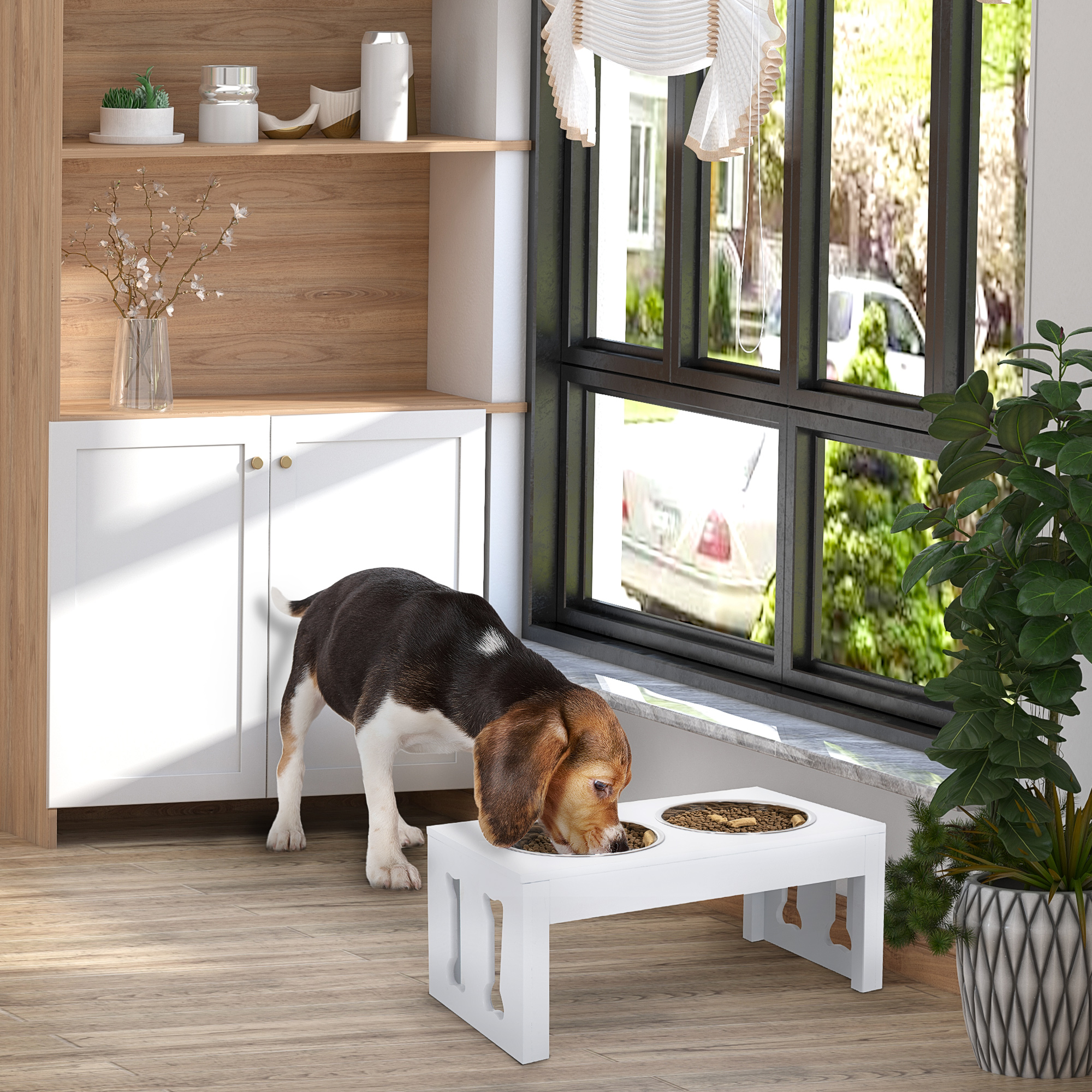 Bol surélevé décoratif 23'' bois chien - Blanc