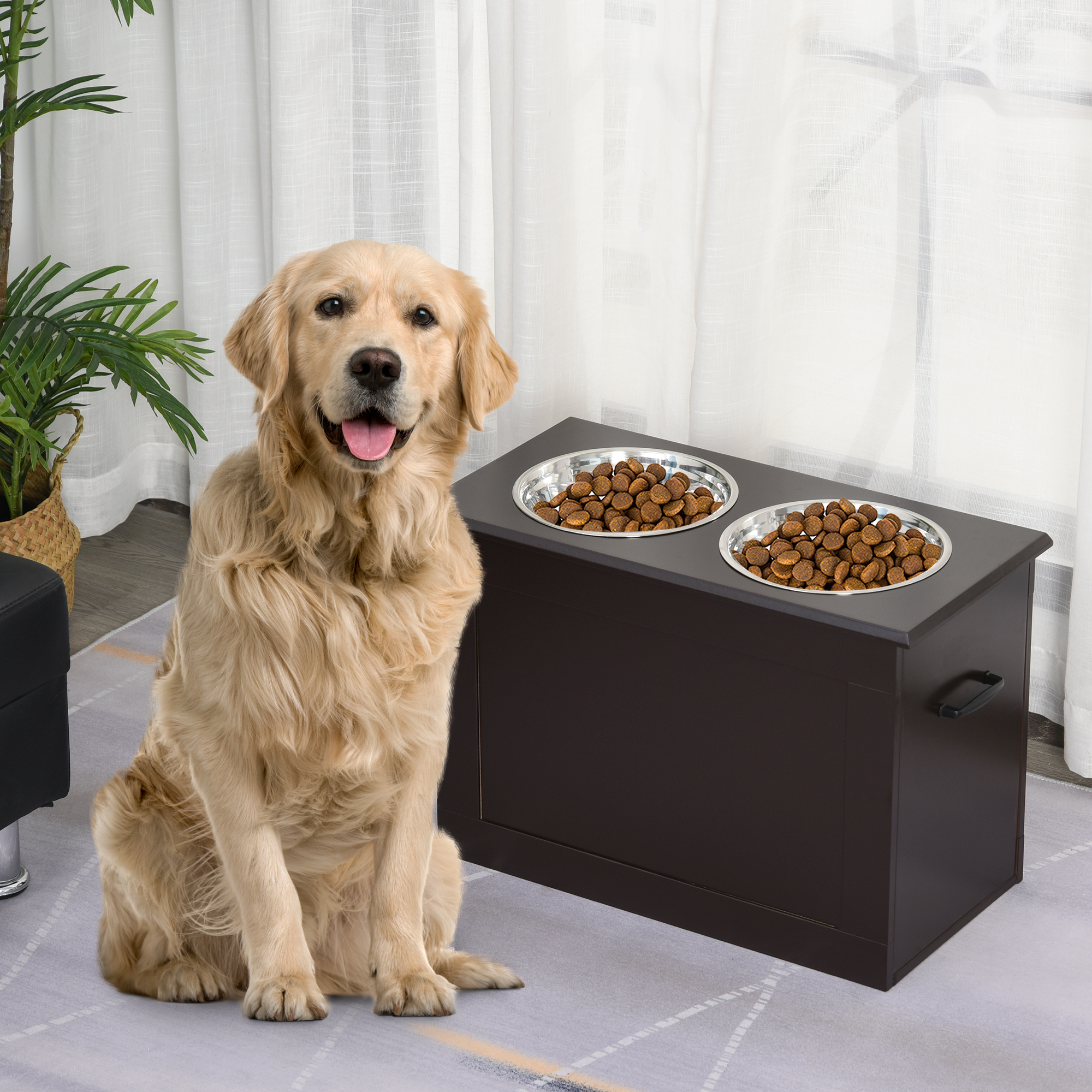 Station d'alimentation surélevée chien 2 bols acier inox, café