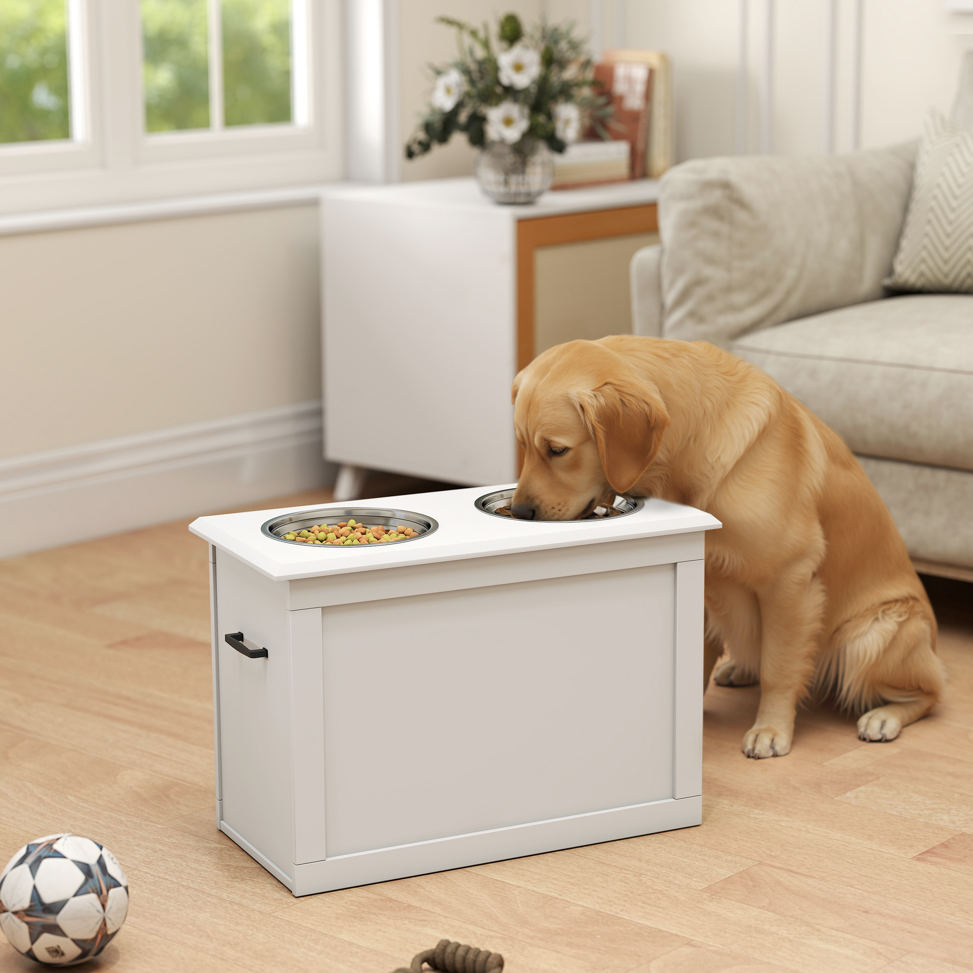 Station d'alimentation surélevée chien 2 bols acier inox, blanc