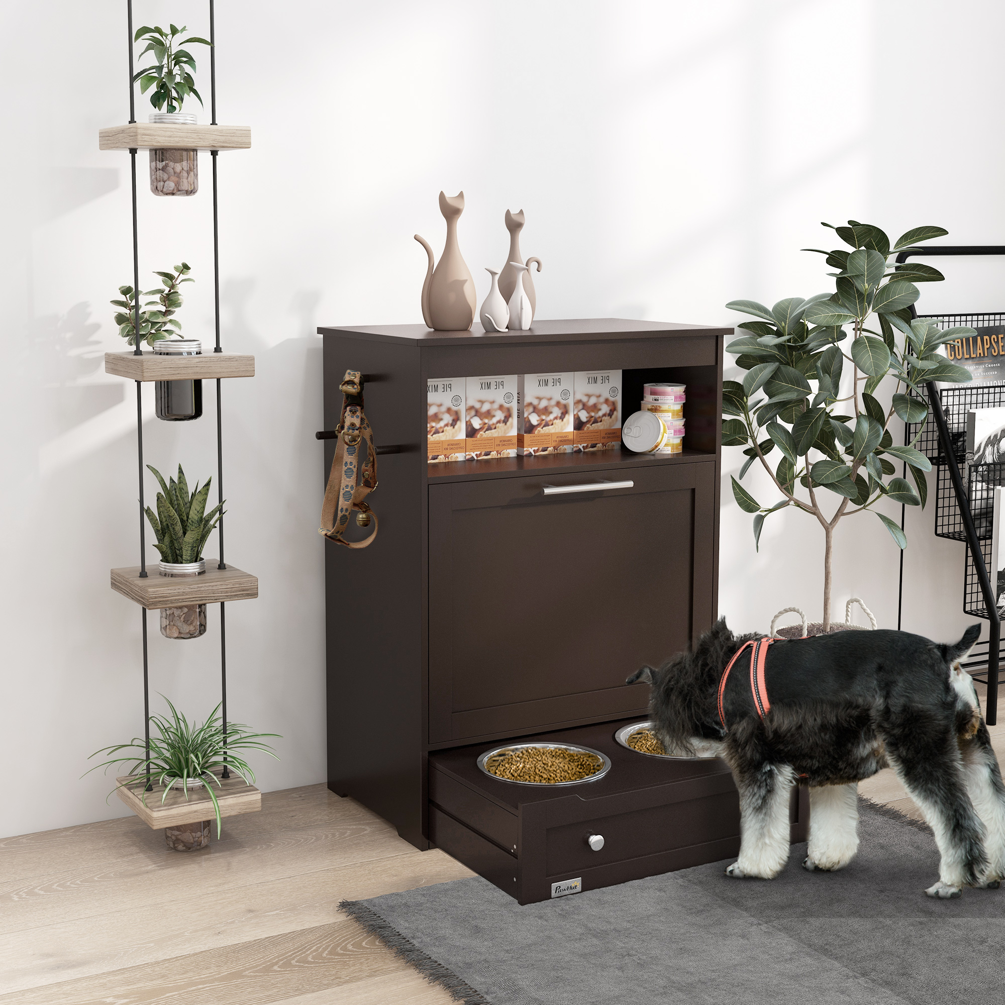 Meuble station d'alimentation chien bols surélevés, gris