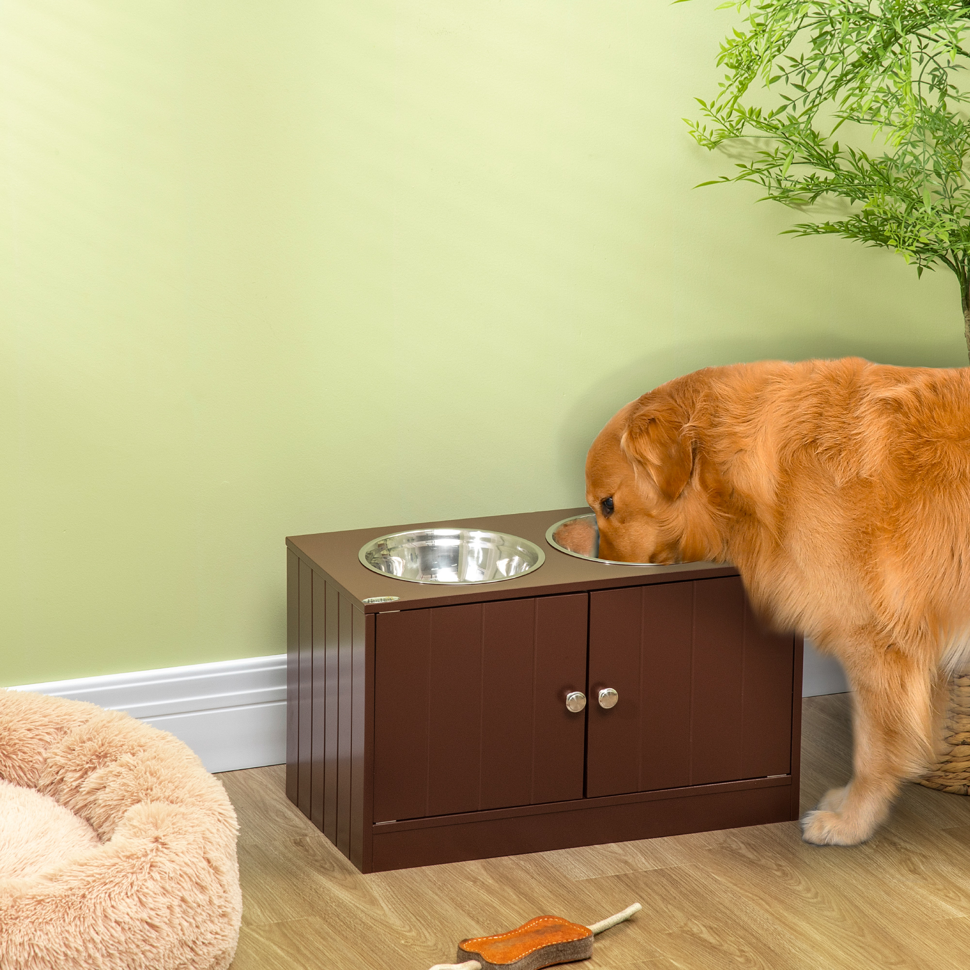 Gamelles surélevées chien meuble rangement brun