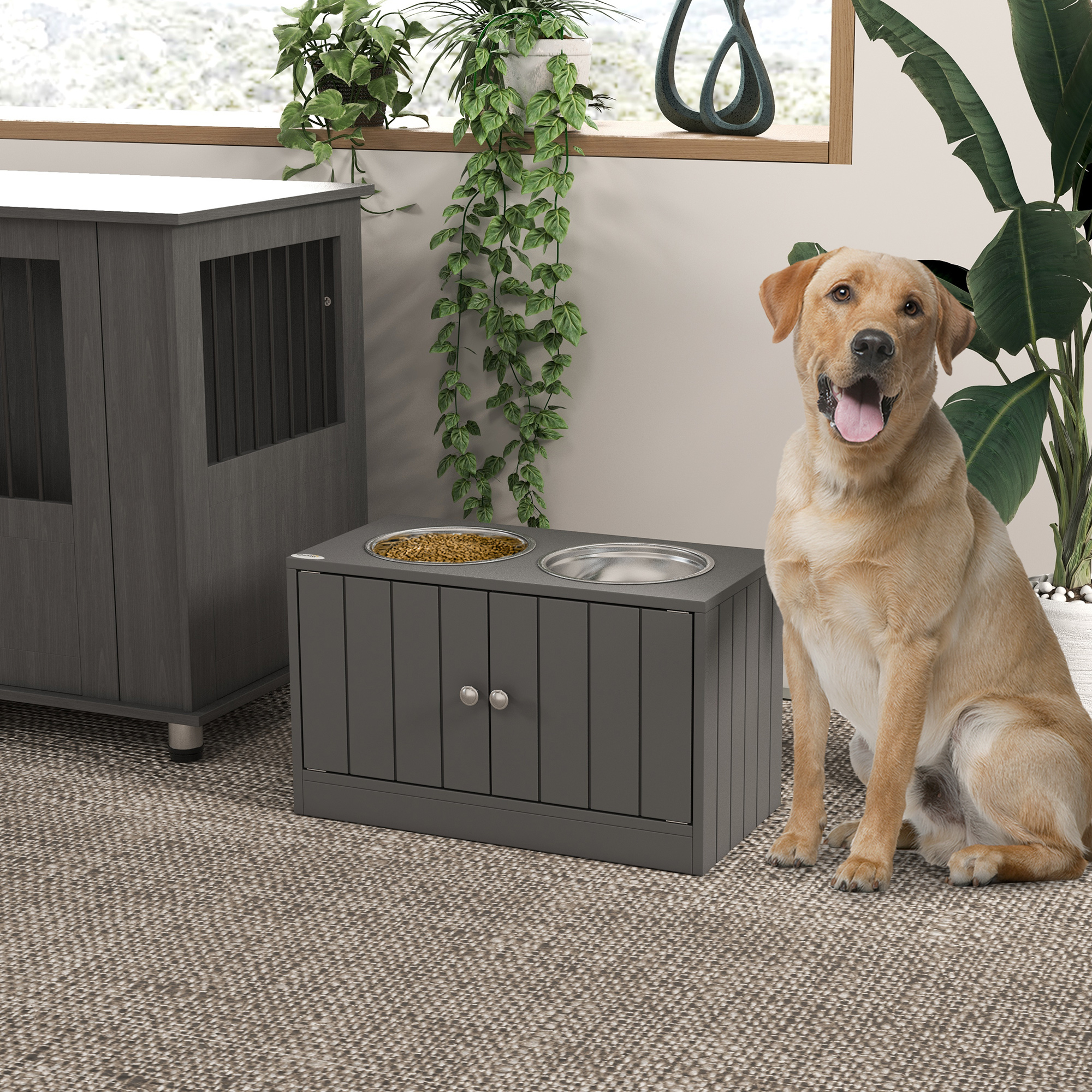 Bols chien surélevés, armoire rangement 44L, gris