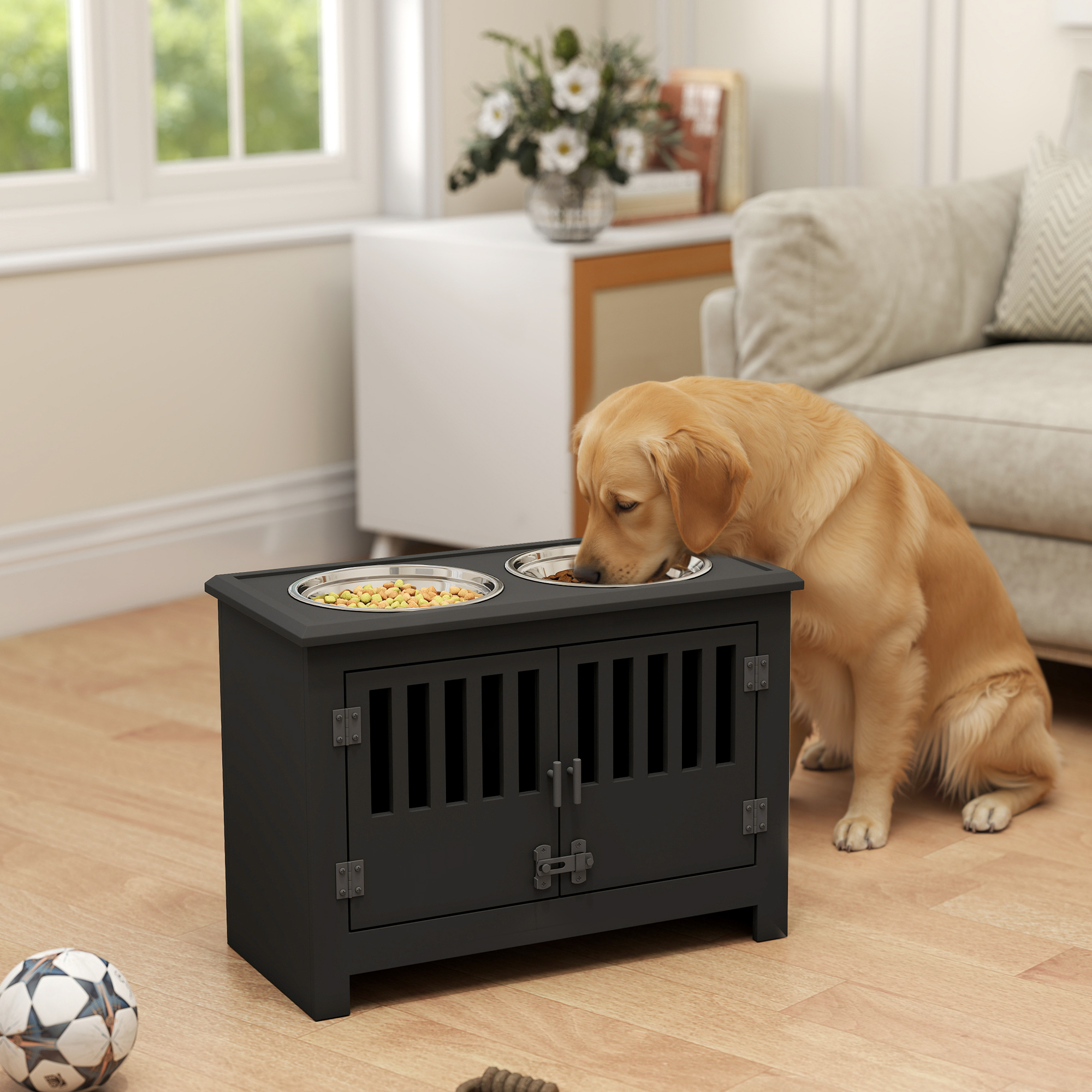 Meuble rangement nourriture chien noir gamelles