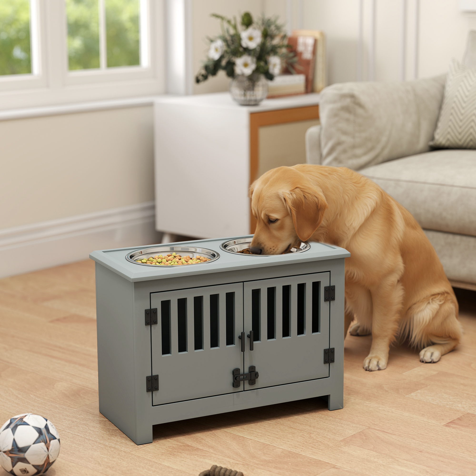 Meuble rangement nourriture chien avec bols gris